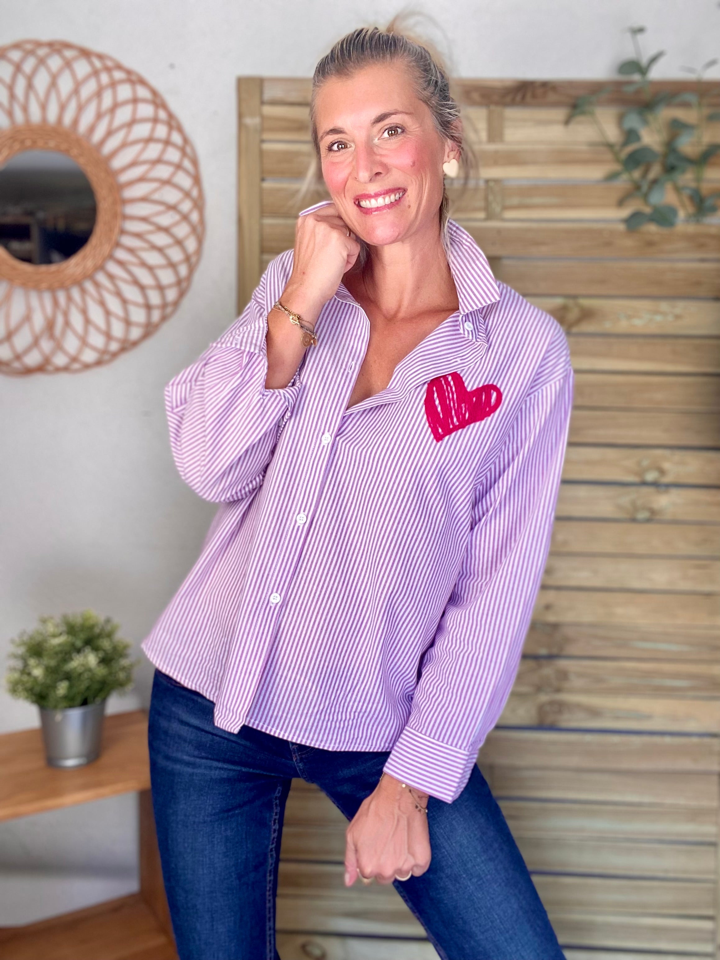 Chemise rayée brodée LOVE multico LANA - Rose cerise