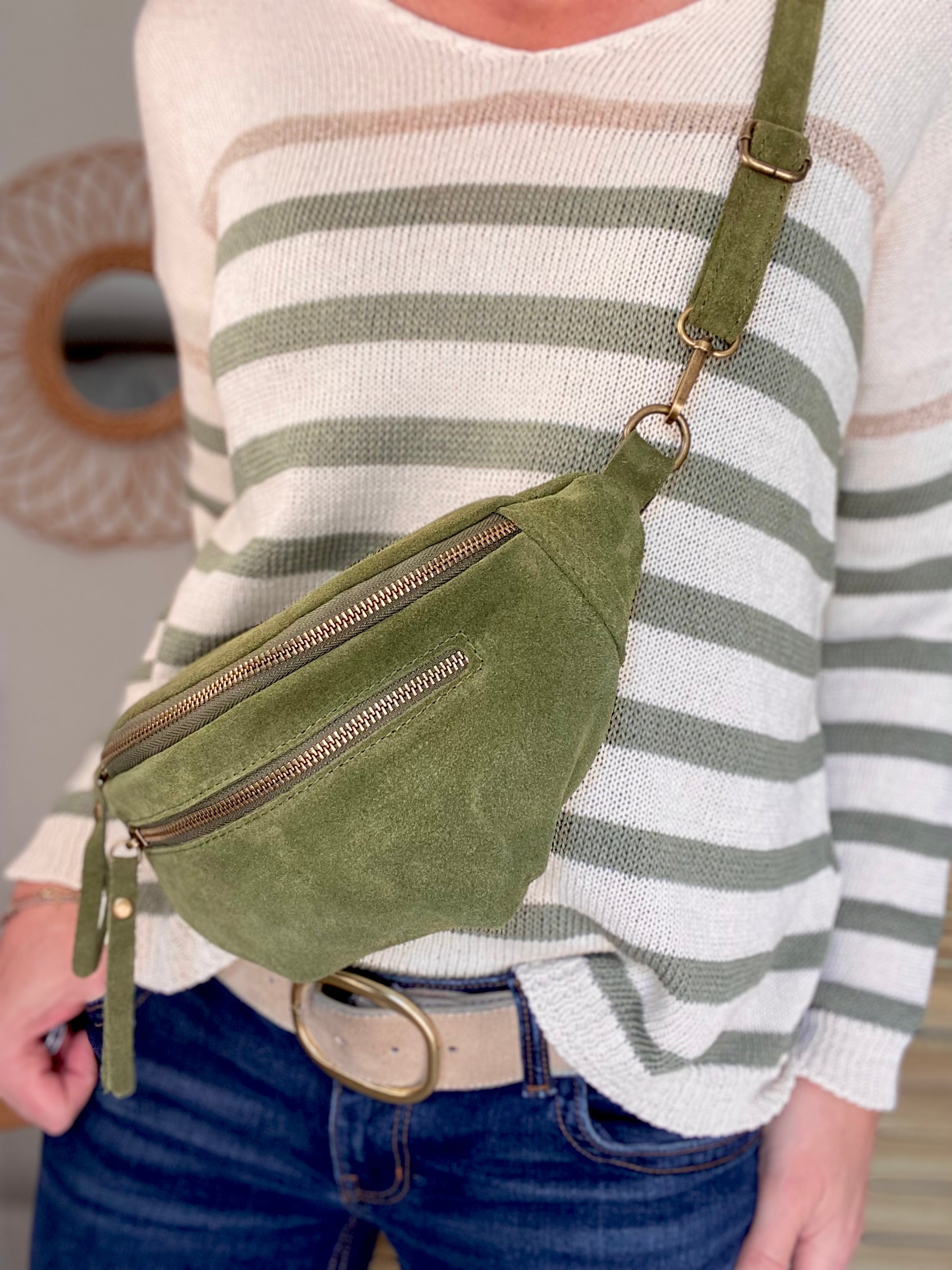 Sac banane double poche en cuir daim - OPALINE - Vert Olive (Kaki clair)