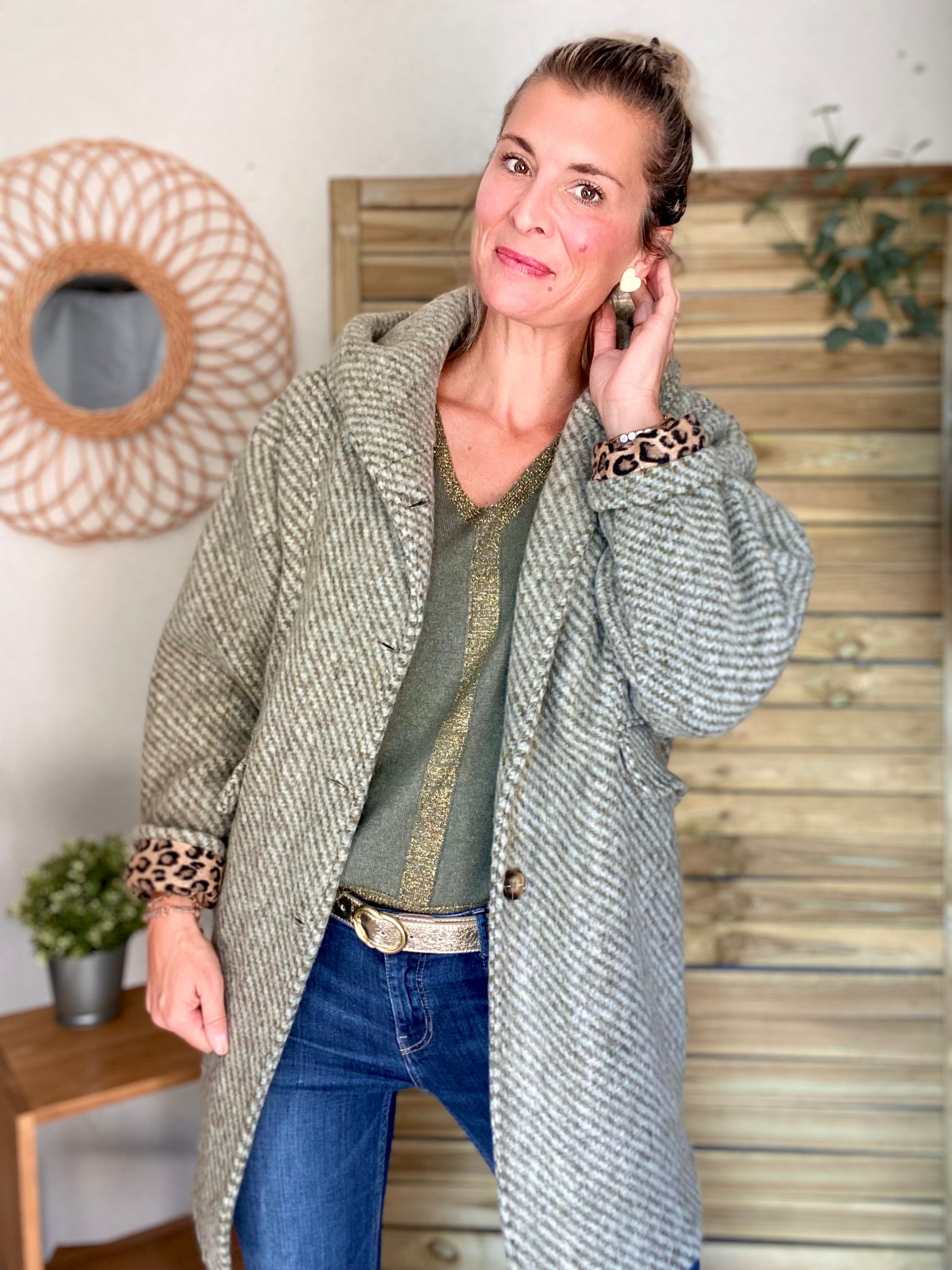 Manteau laine AGATHE avec détails Léo (étoile capuche) - Kaki - FIN DE SÉRIE