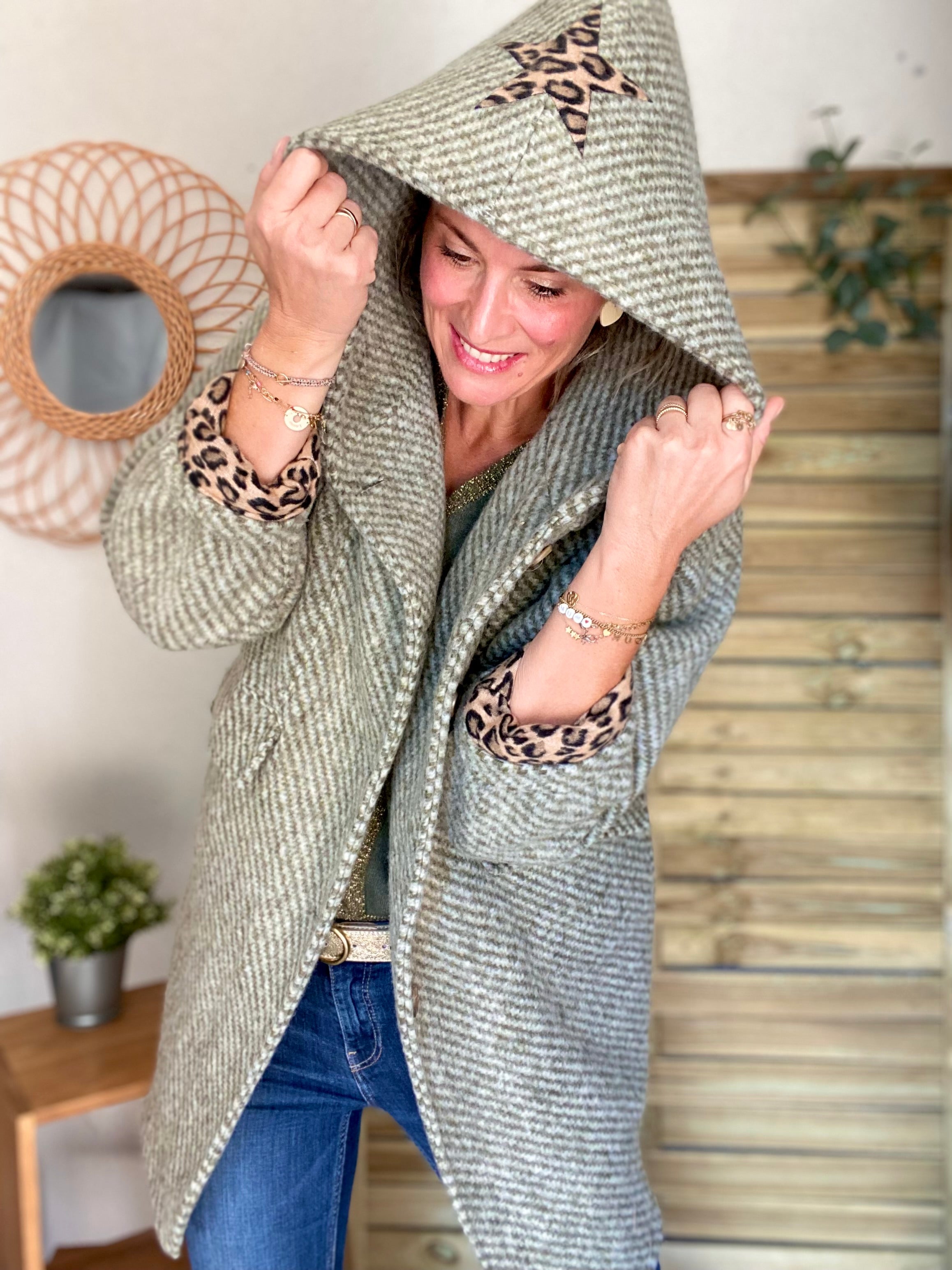 Manteau laine AGATHE avec détails Léo (étoile capuche) - Kaki - FIN DE SÉRIE