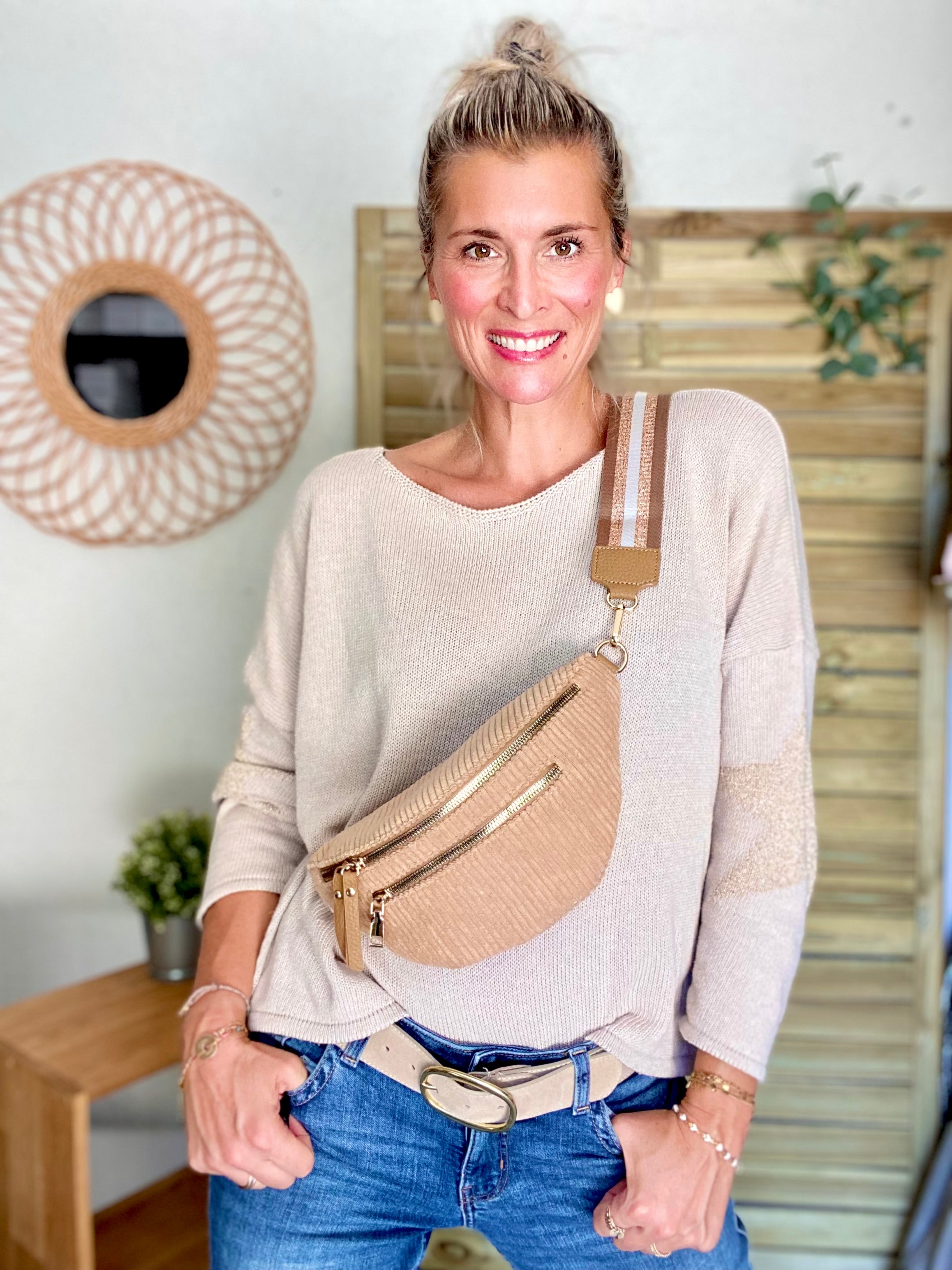 Sac banane en velours côtelé 2 zips et sangle fantaisie - CHARLY - Camel clair (côtelé large)