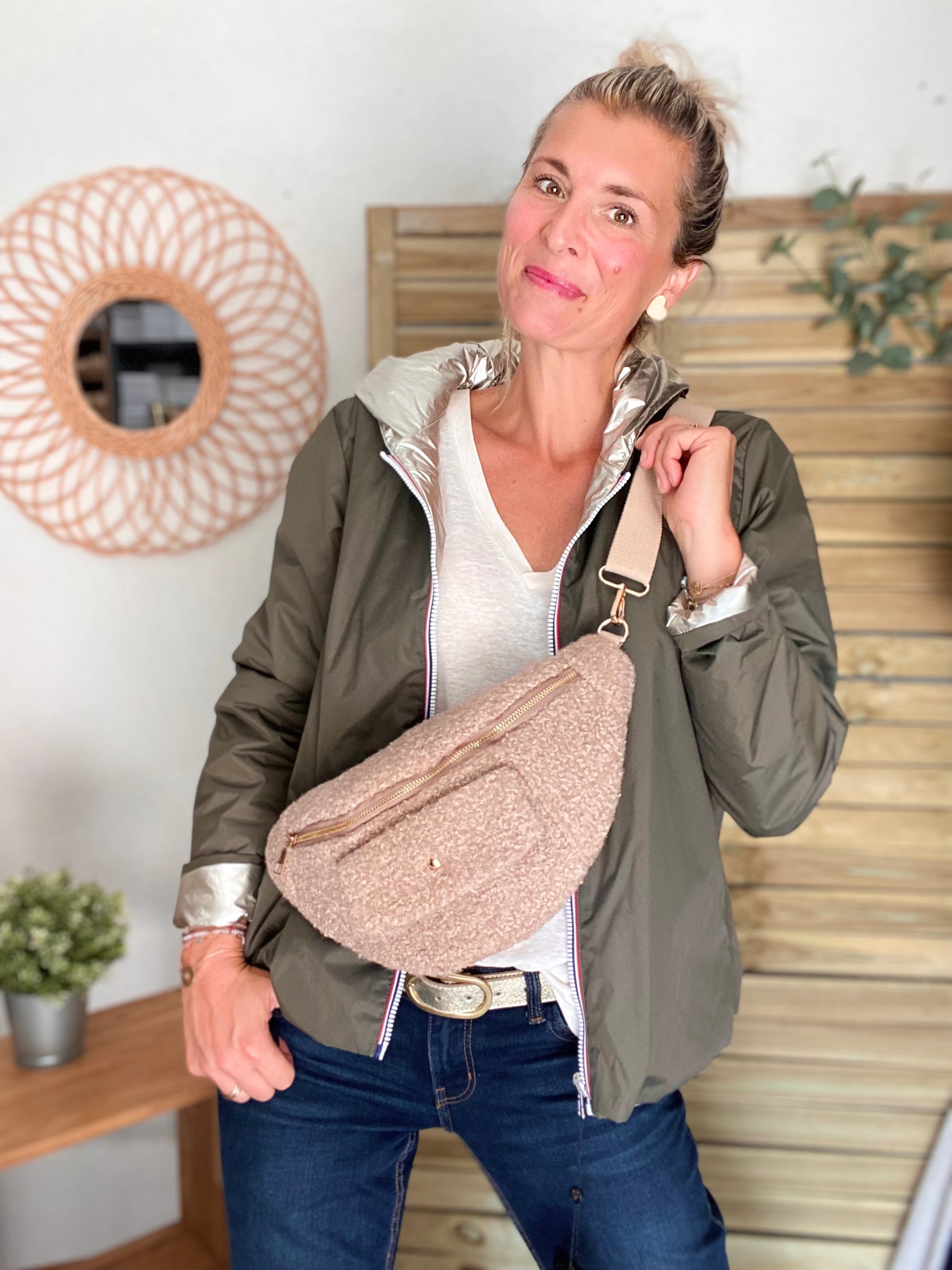 Sac banane XL moumoute lurex avec poche avant - CHELSEA - Beige taupe