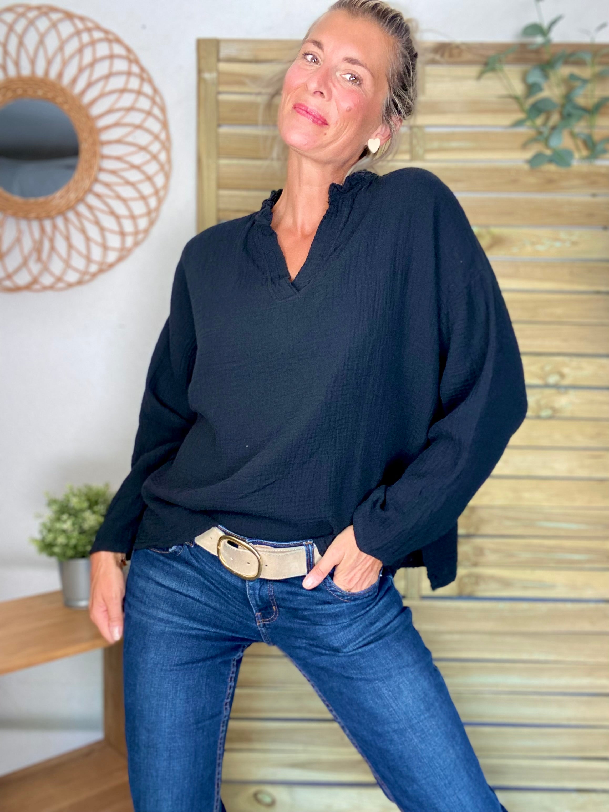 Blouse en gaze de coton SIERRA Noire - manches longues