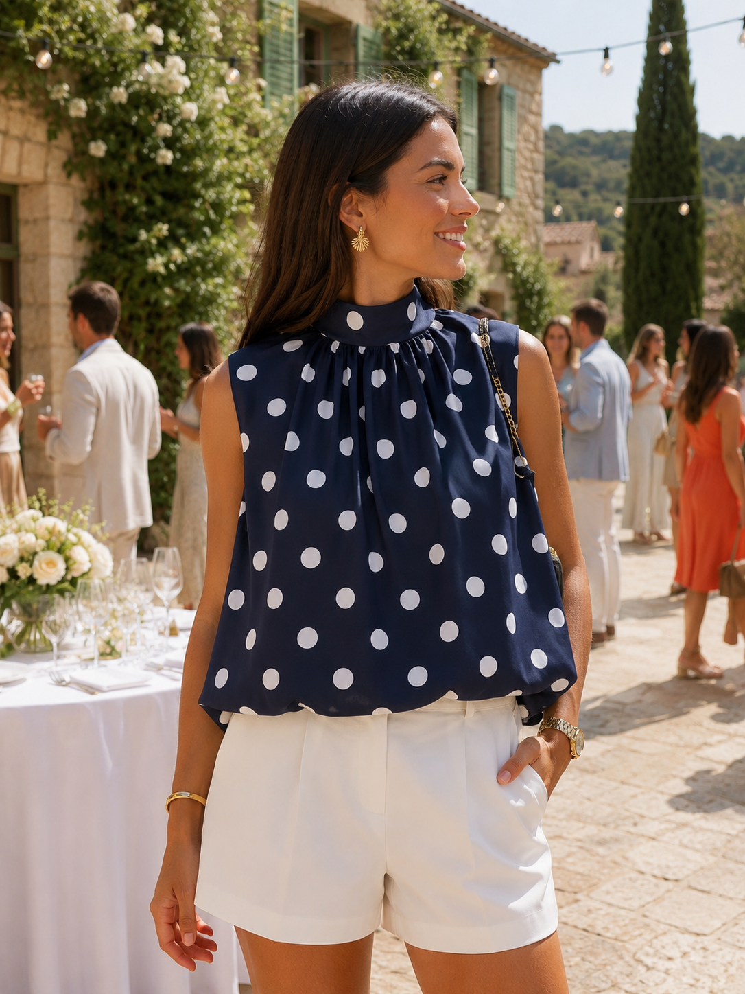 Top ballon à pois, dos ajouré PERLA bleu marine