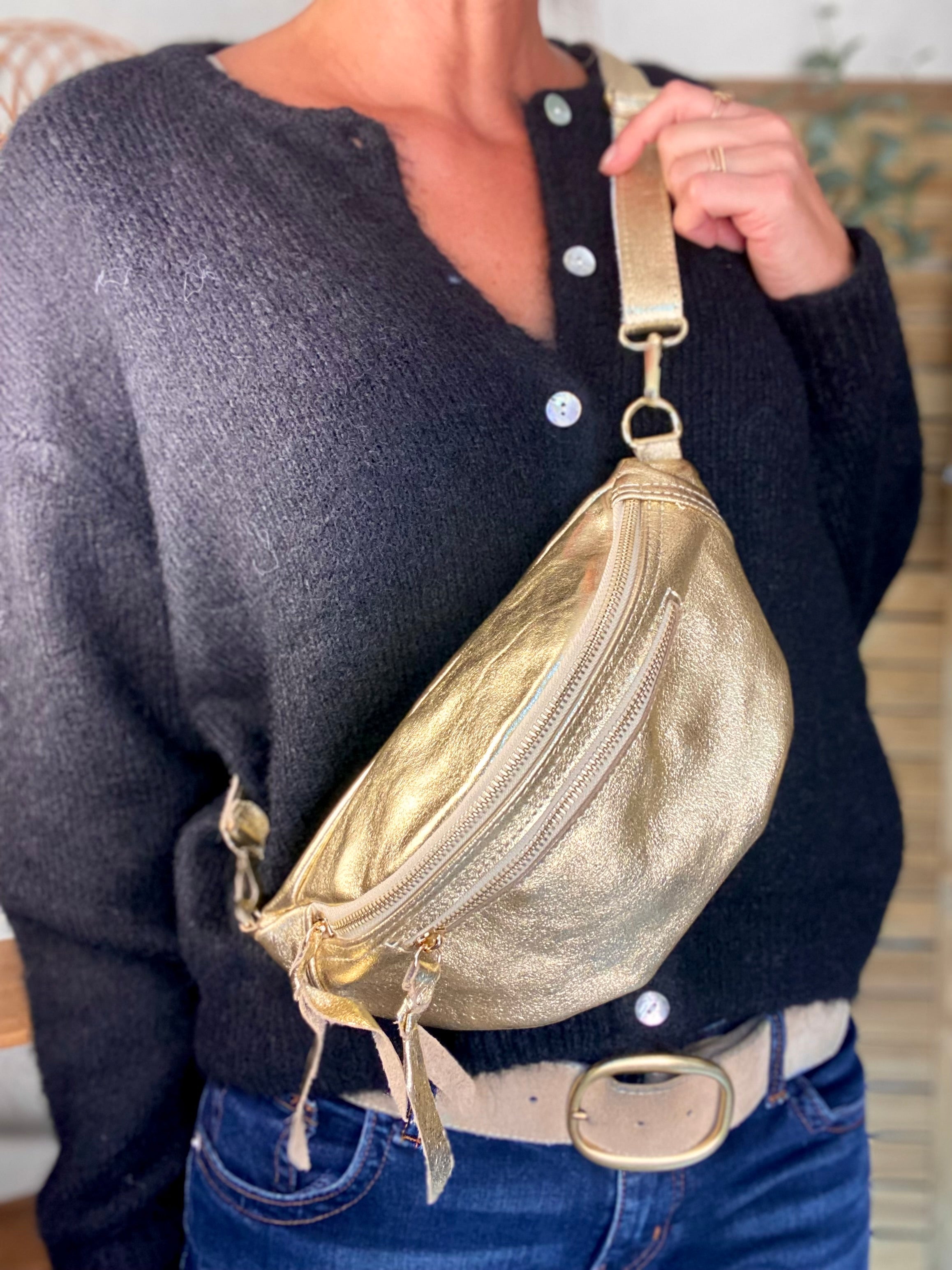 Sac banane en cuir irisé double poche - OPALE - Doré / doré