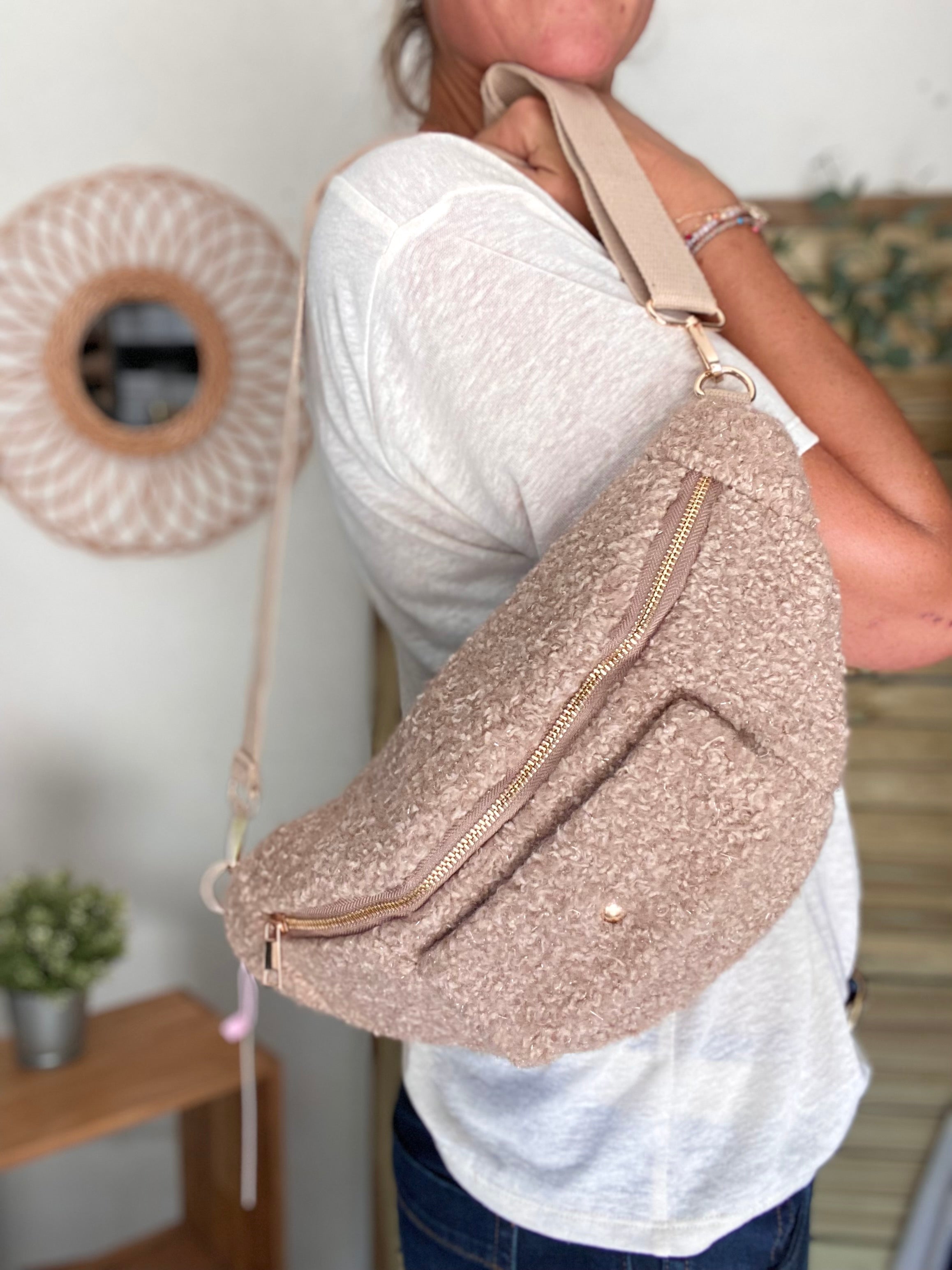 Sac banane XL moumoute lurex avec poche avant - CHELSEA - Beige taupe