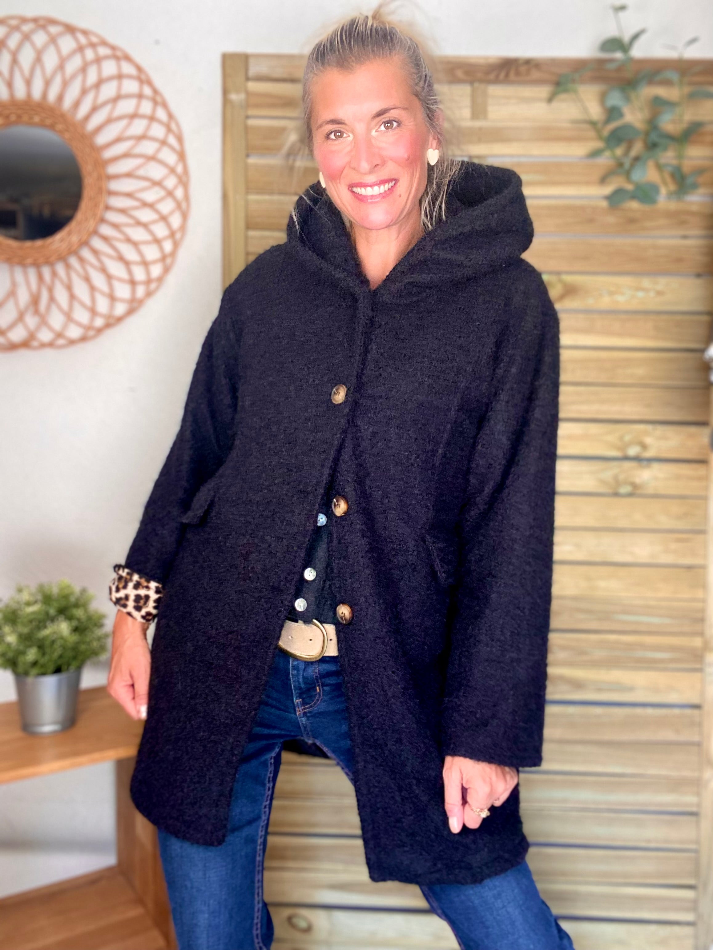 Manteau en laine EUGÉNIE avec détails Léo 🐆 - Noir