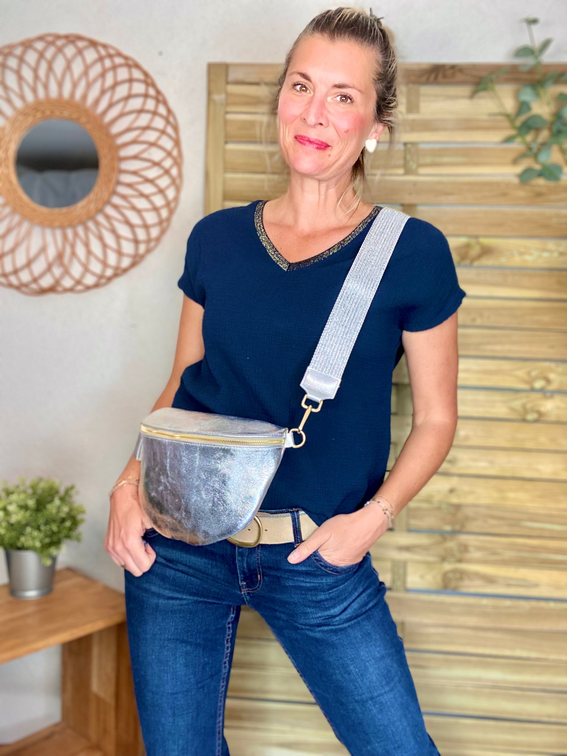 Précommande Expédition mi mai - Top en gaze de coton et lurex MARTA - Bleu marine