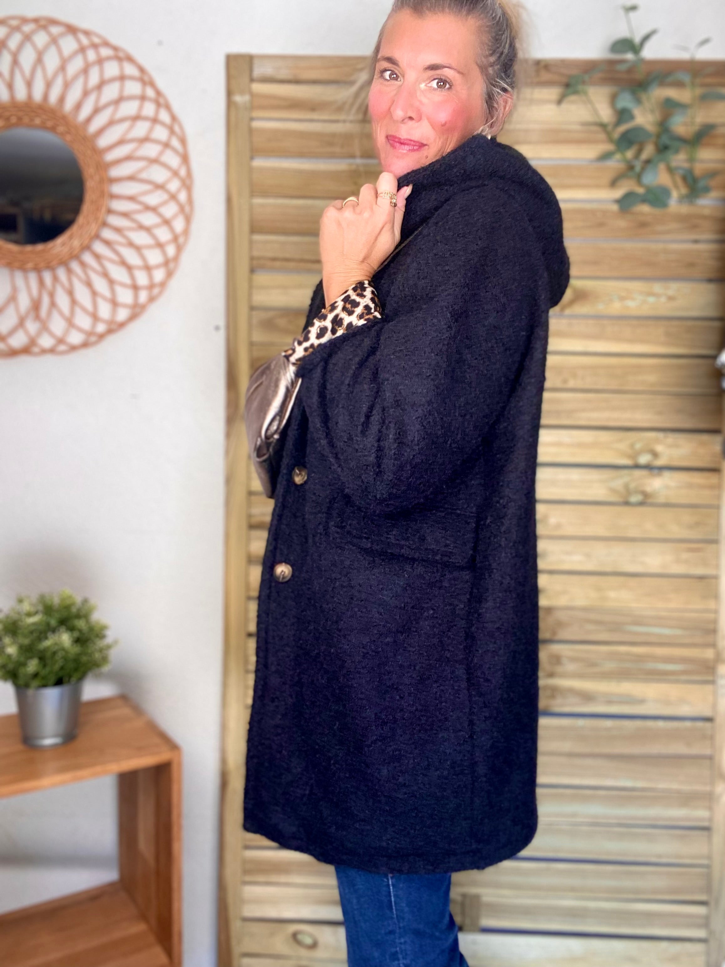 Manteau en laine EUGÉNIE avec détails Léo 🐆 - Noir