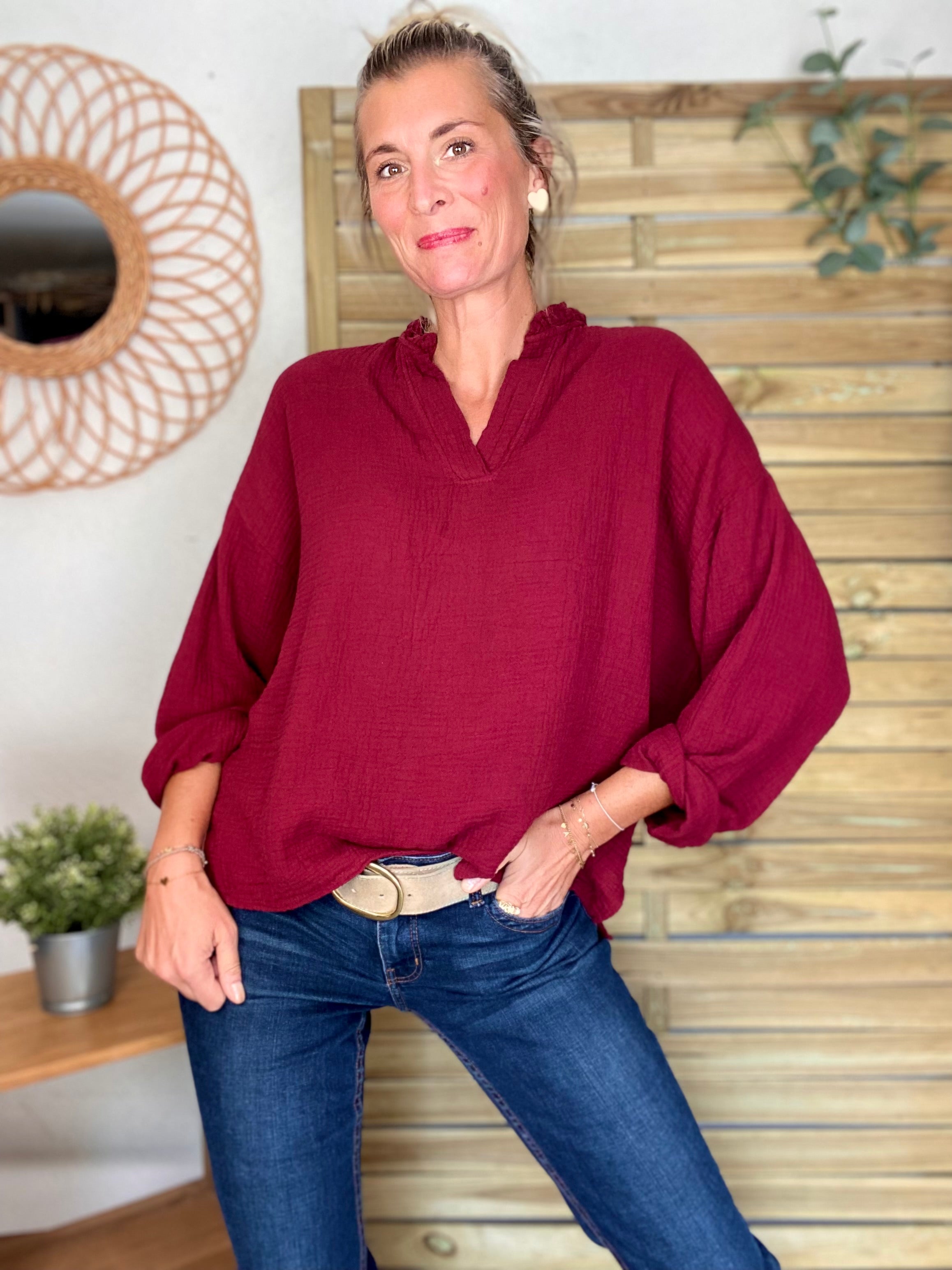 Blouse en gaze de coton SIERRA Bordeaux - manches longues