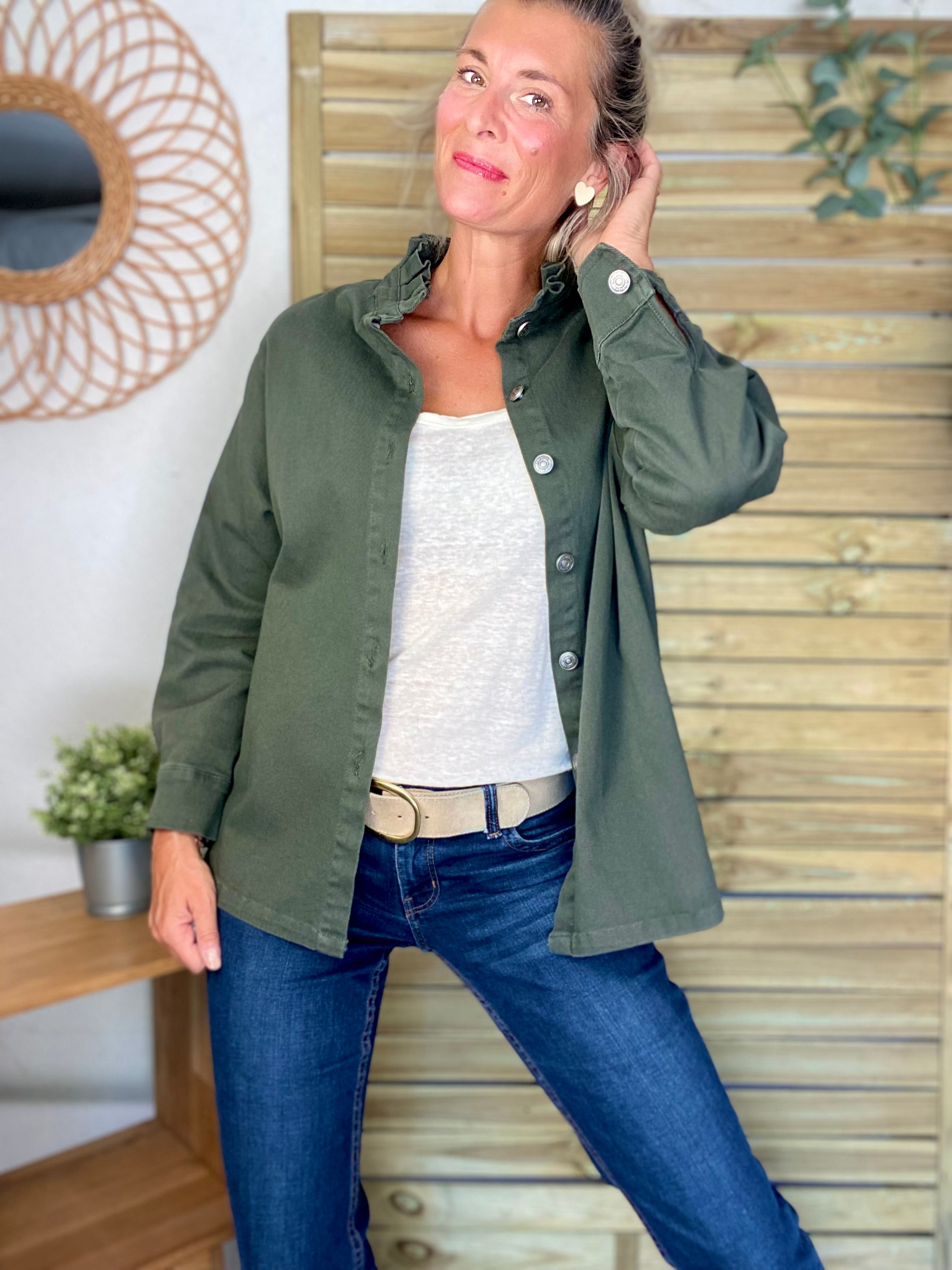 Veste / Chemise en coton, col volanté Kaki LISON