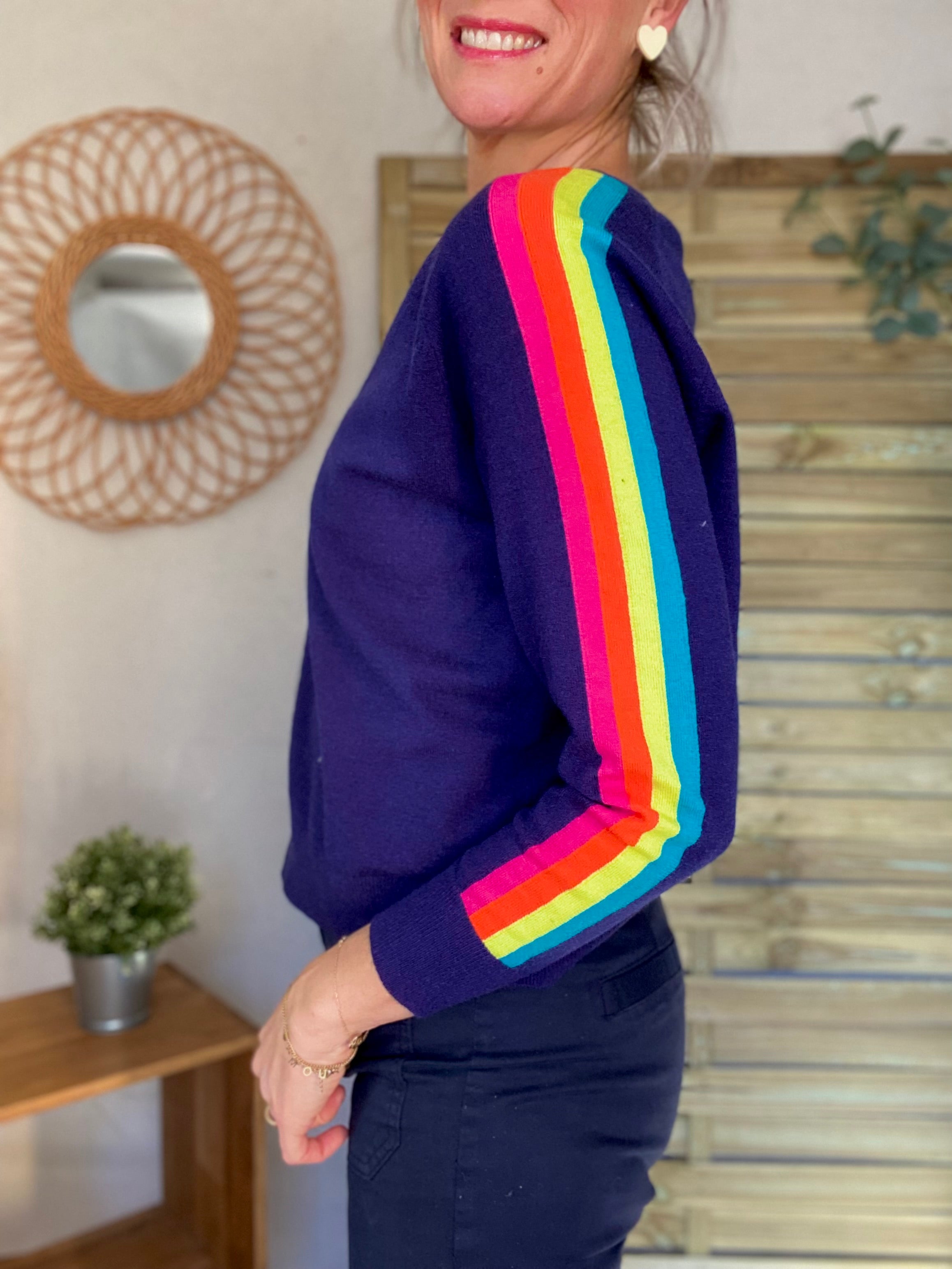 Pull fin avec bandes colorées, col V - RAINBOW 🌈 Bleu marine