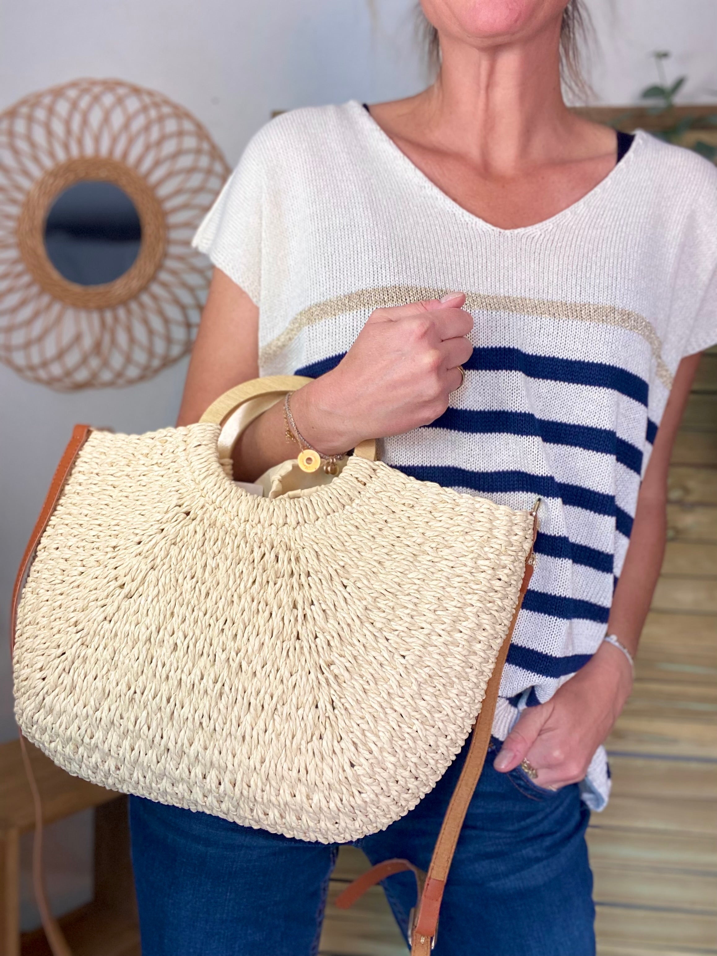 Sac à main et bandoulière en Paille PAULA - Beige clair