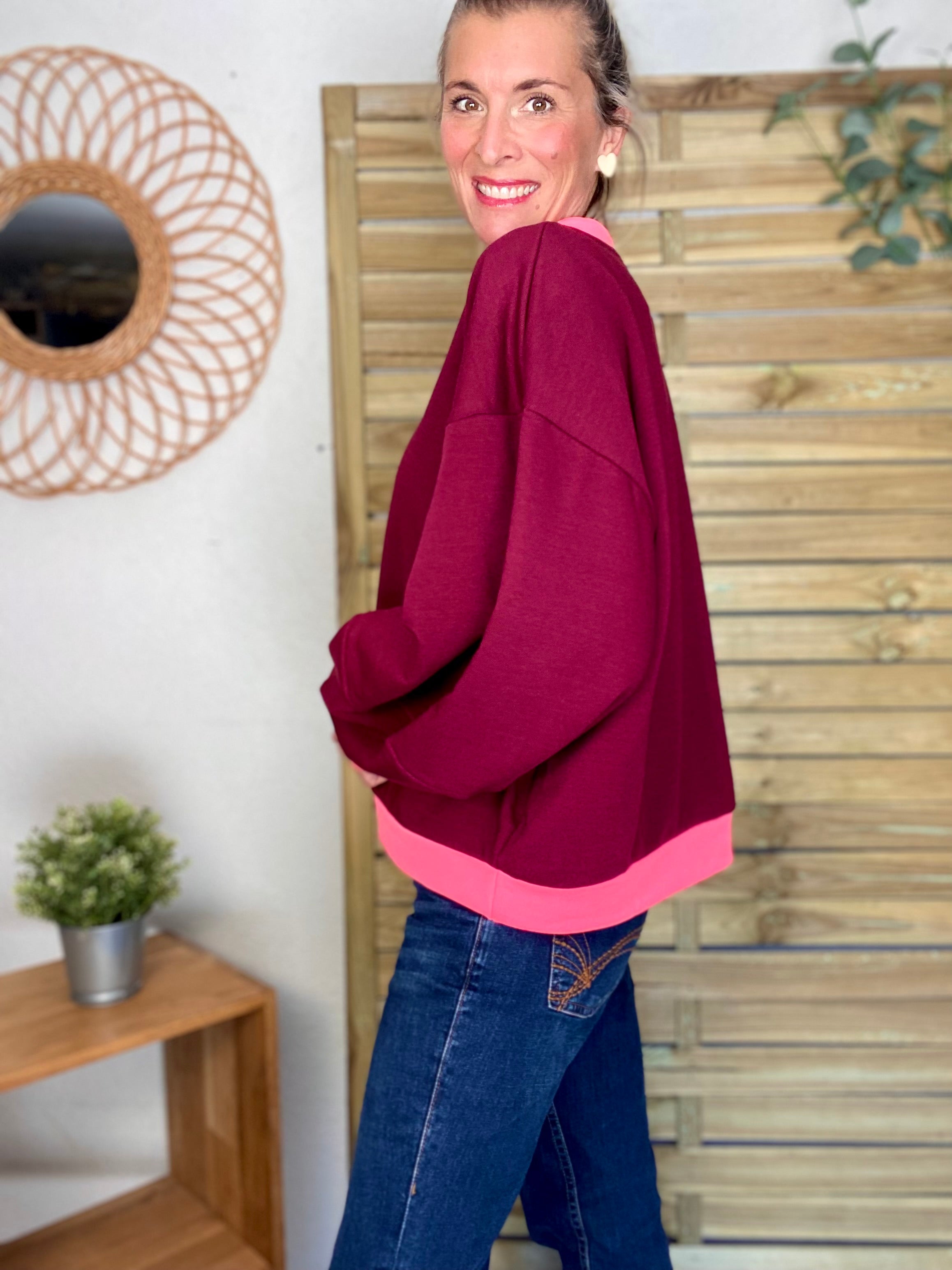 Sweat oversize uni Bordeaux/Rose fluo ISALINE
