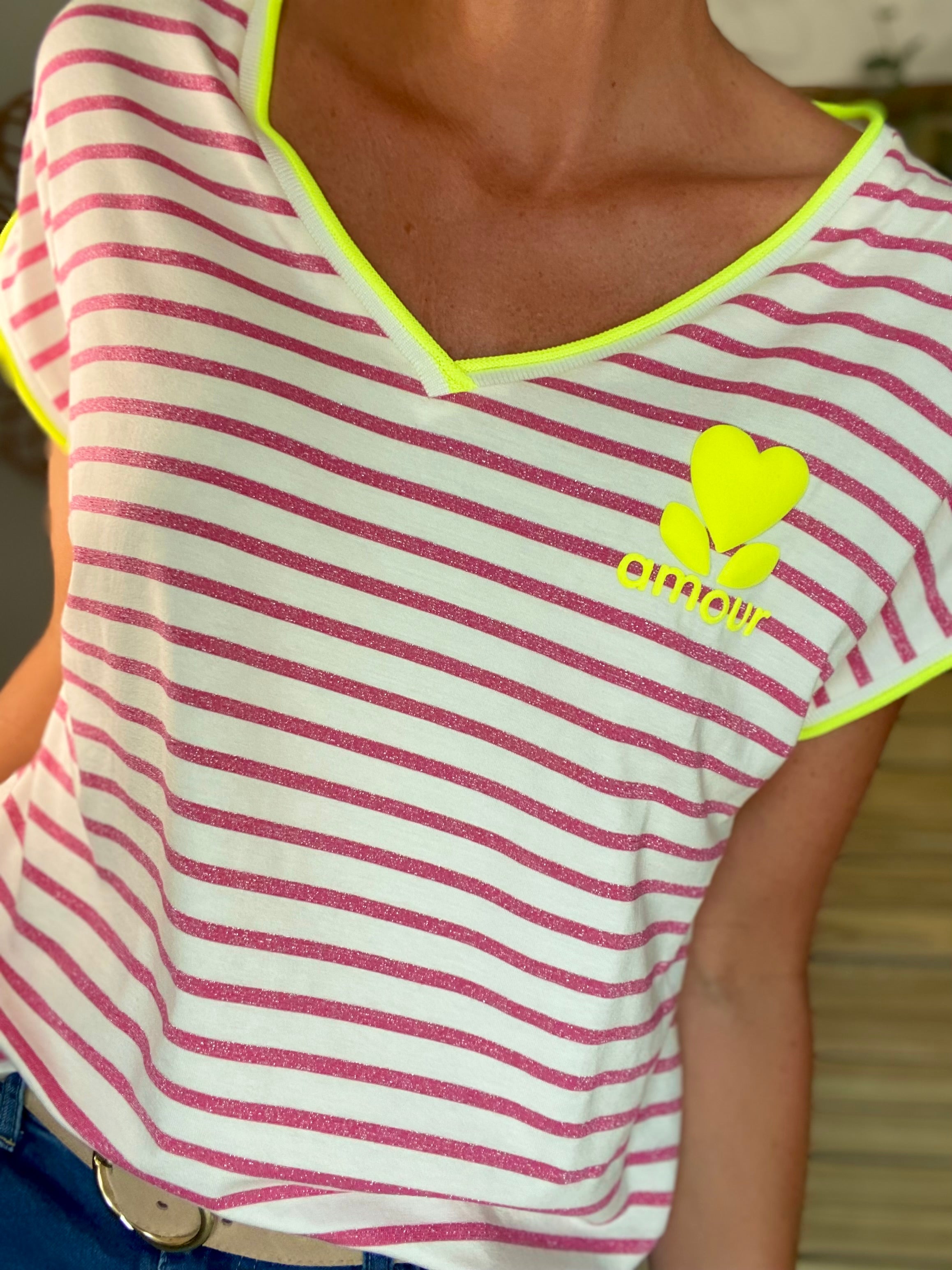 Top rayé col V amour 💛 CLAUDIE - Rose / Jaune fluo