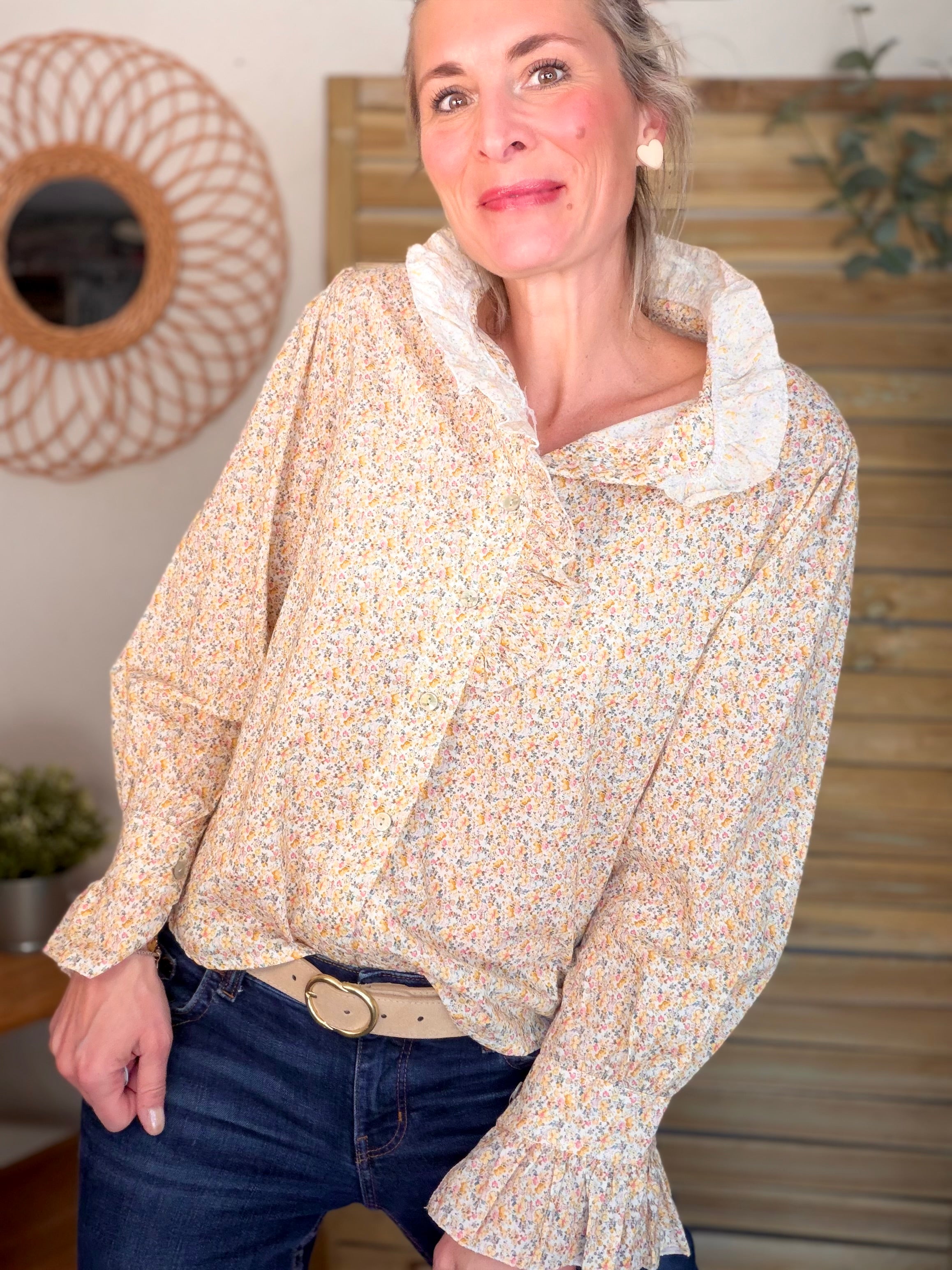 Chemise imprimée Liberty col volanté HÉLOÏSE - Jaune