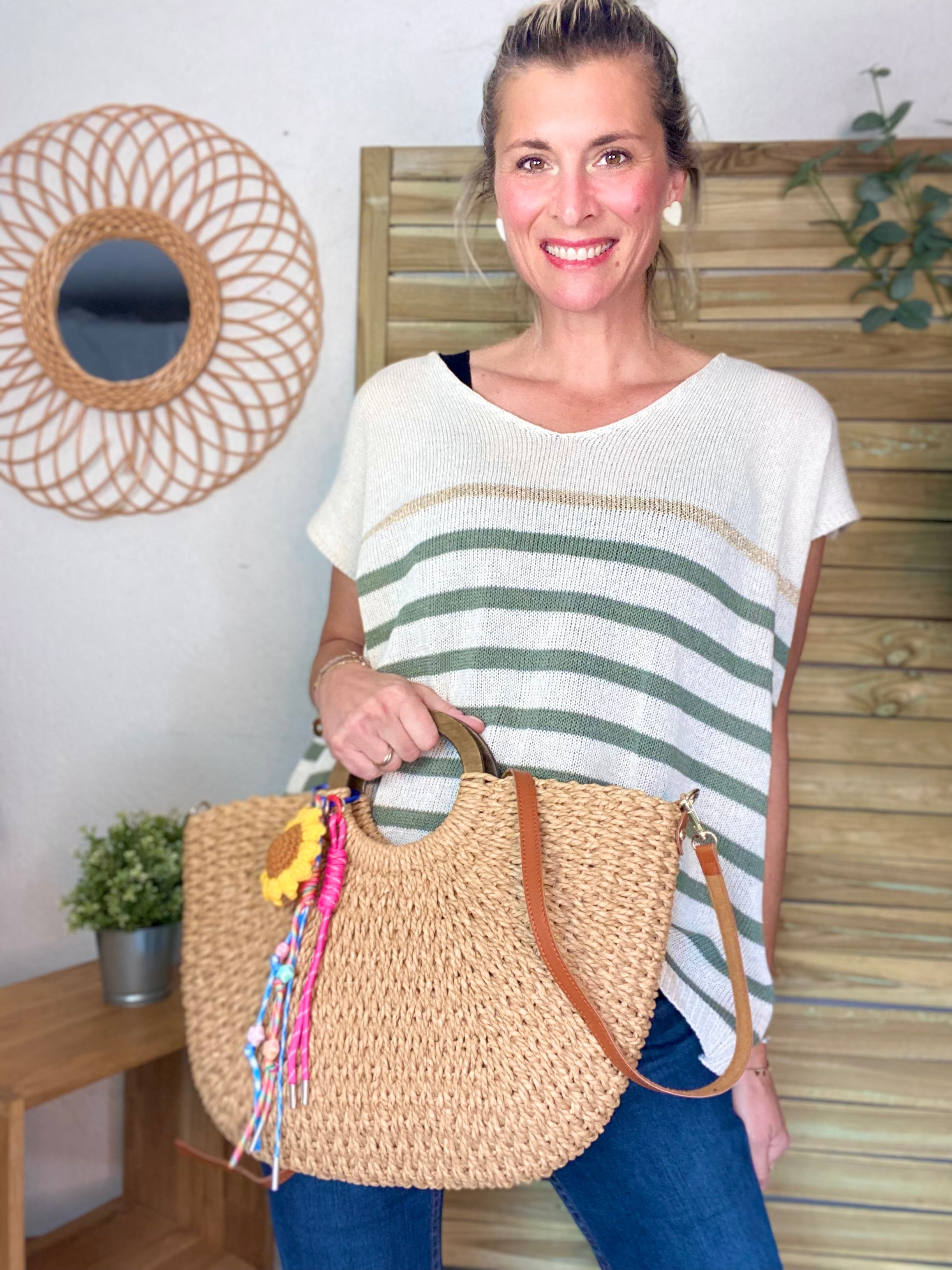Sac à main et bandoulière en paille PAULA - Beige foncé