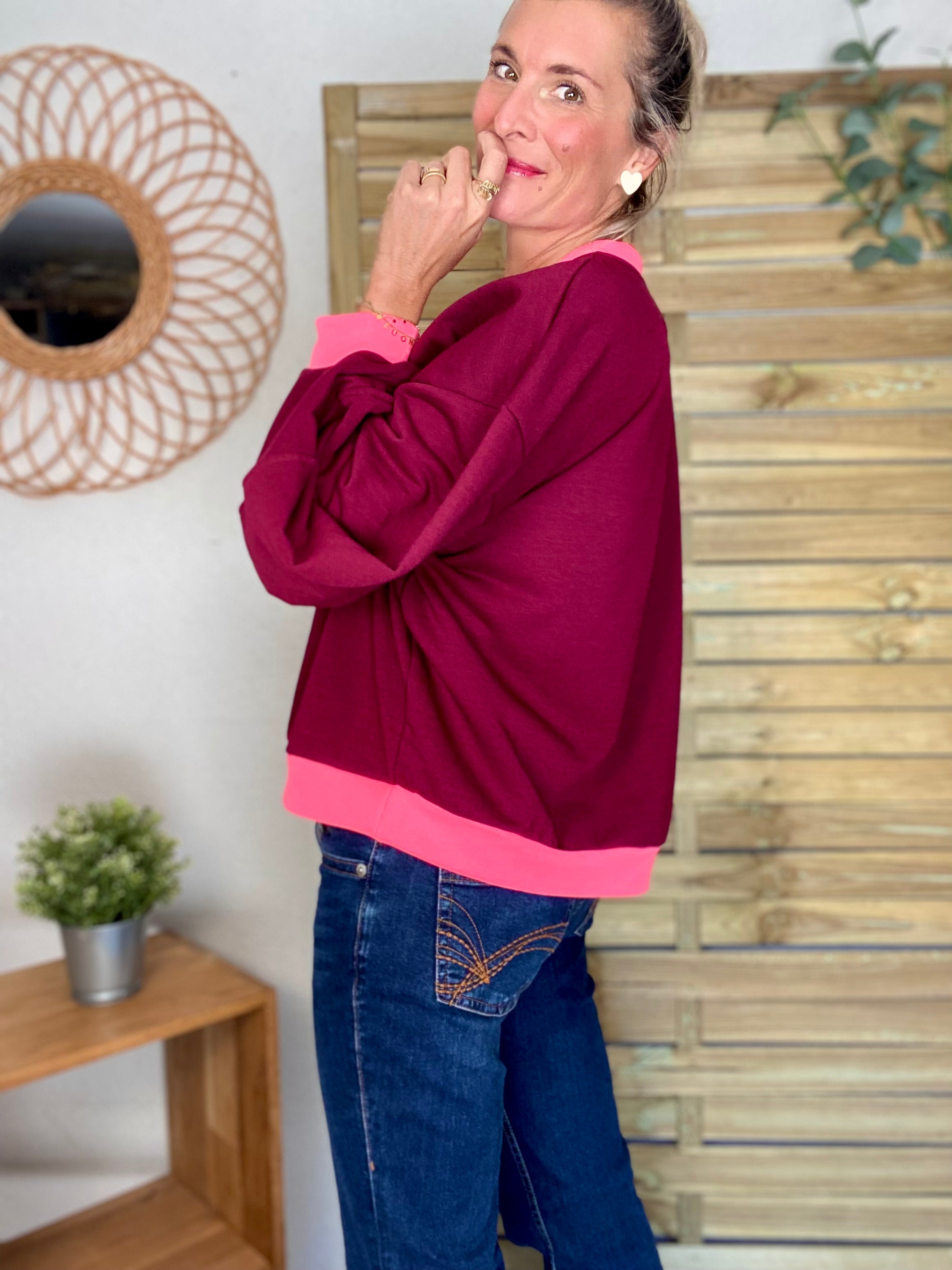Sweat oversize uni Bordeaux/Rose fluo ISALINE
