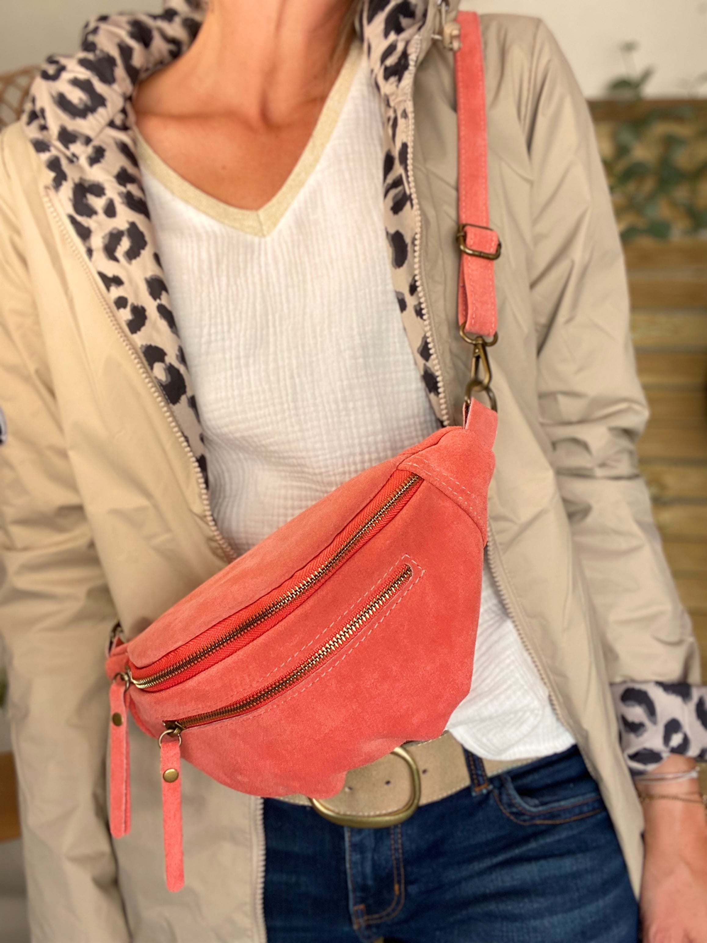 Sac banane double poche en cuir daim - OPALINE - Corail
