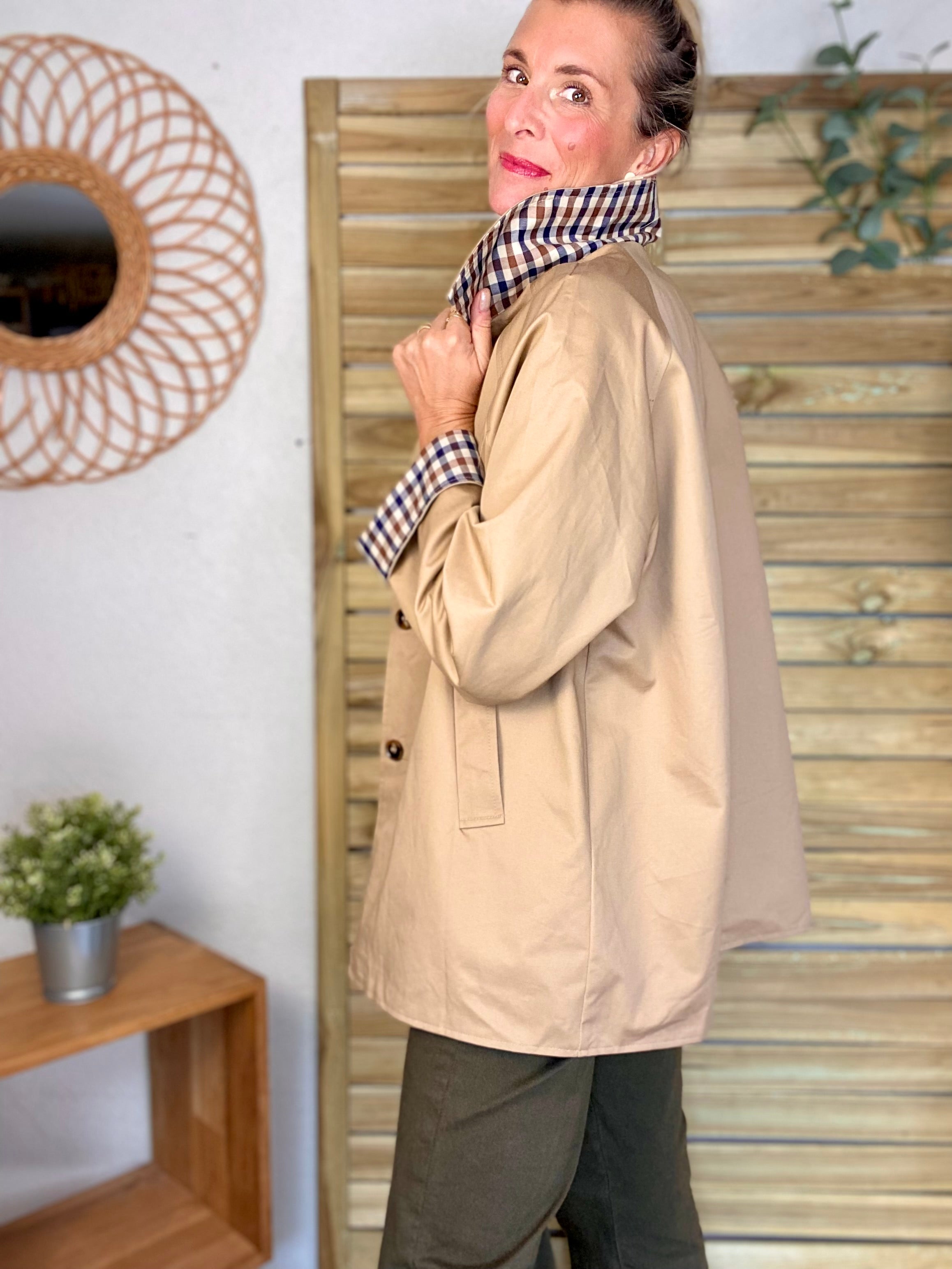 Veste Trench mi long réversible vichy LENA - Camel clair