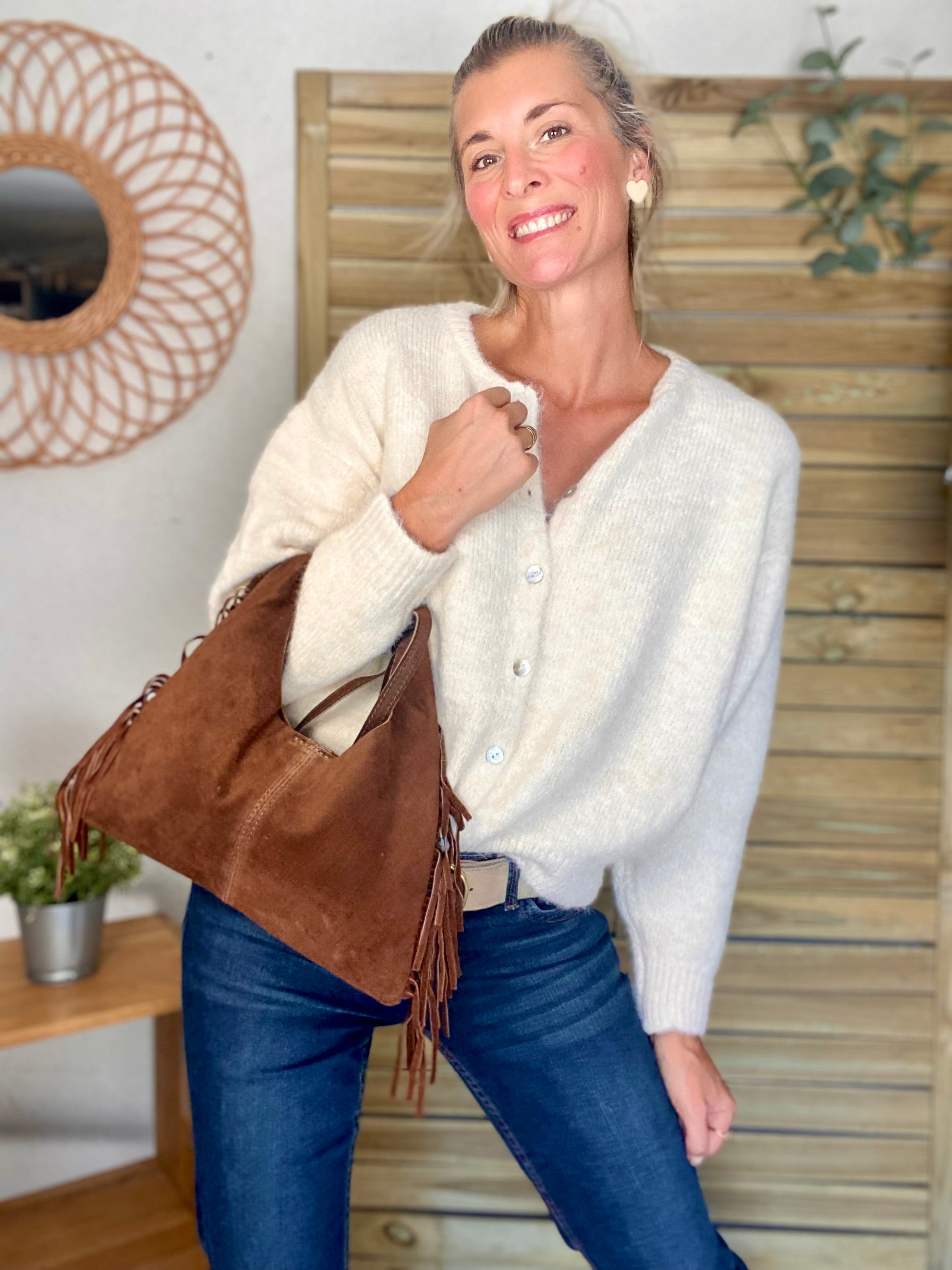 Sac en cuir daim avec franges AARON - Chocolat