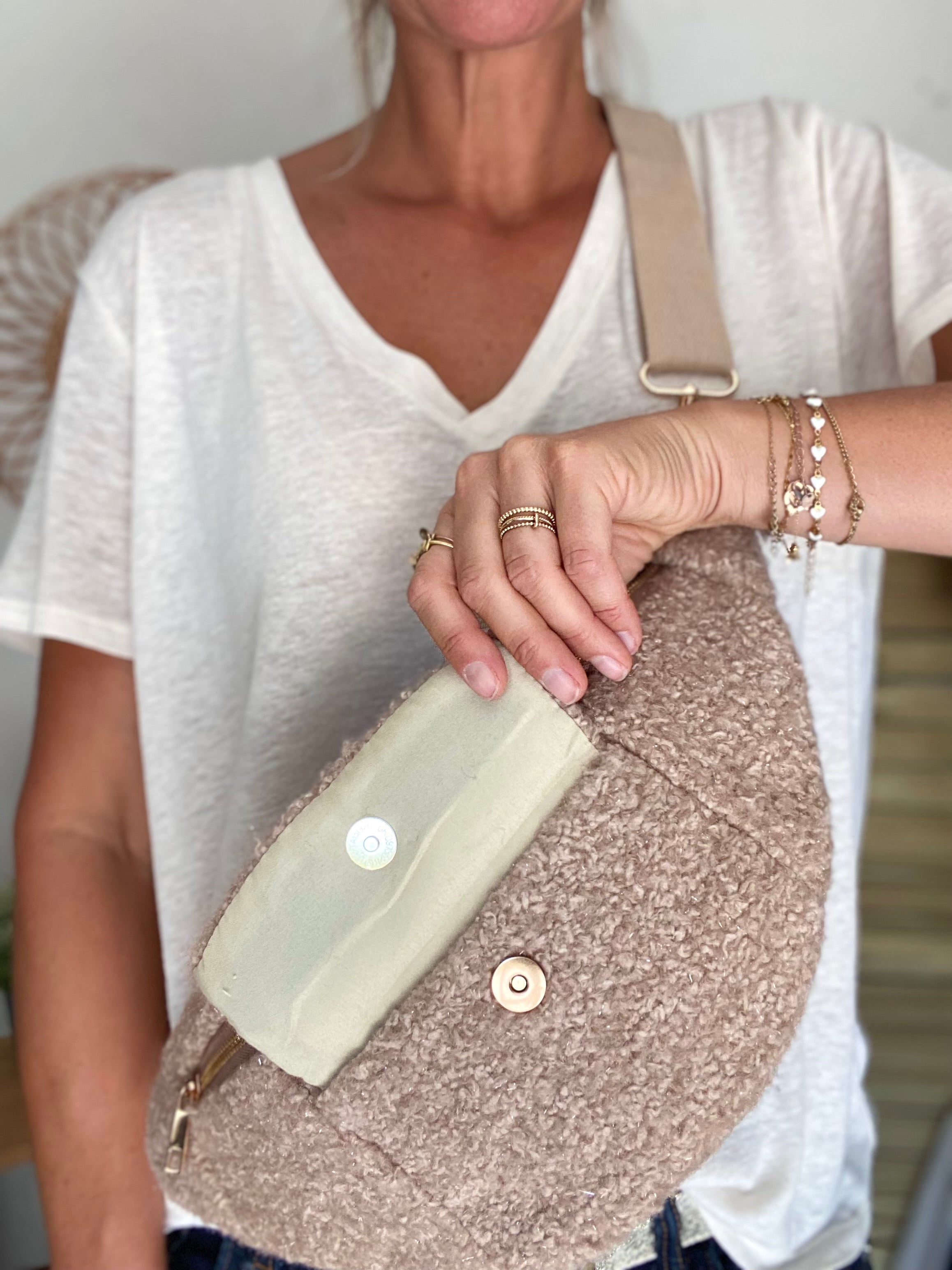 Sac banane XL moumoute lurex avec poche avant - CHELSEA - Beige taupe