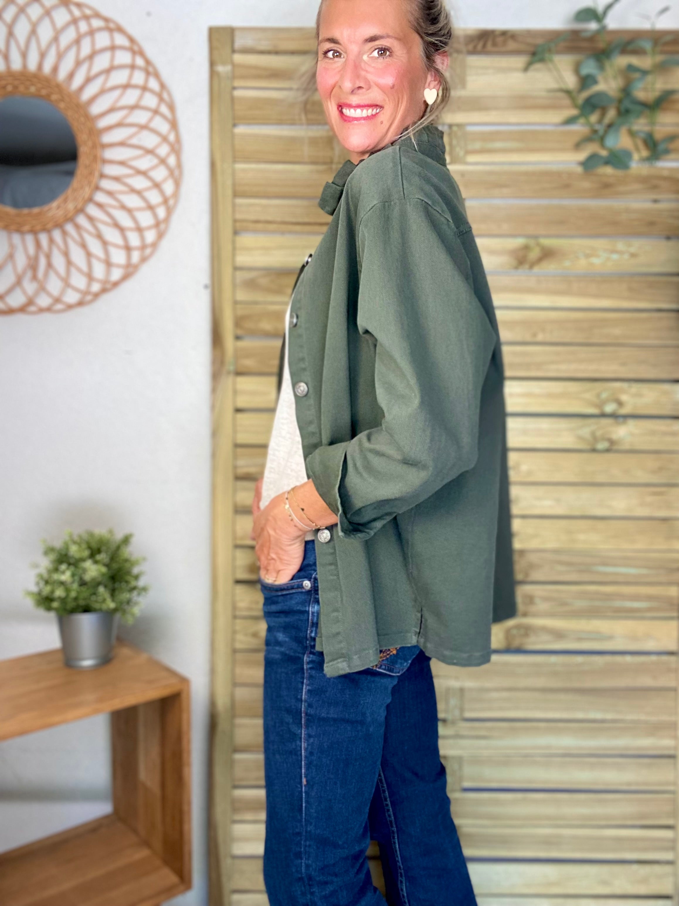 Veste / Chemise en coton, col volanté Kaki LISON