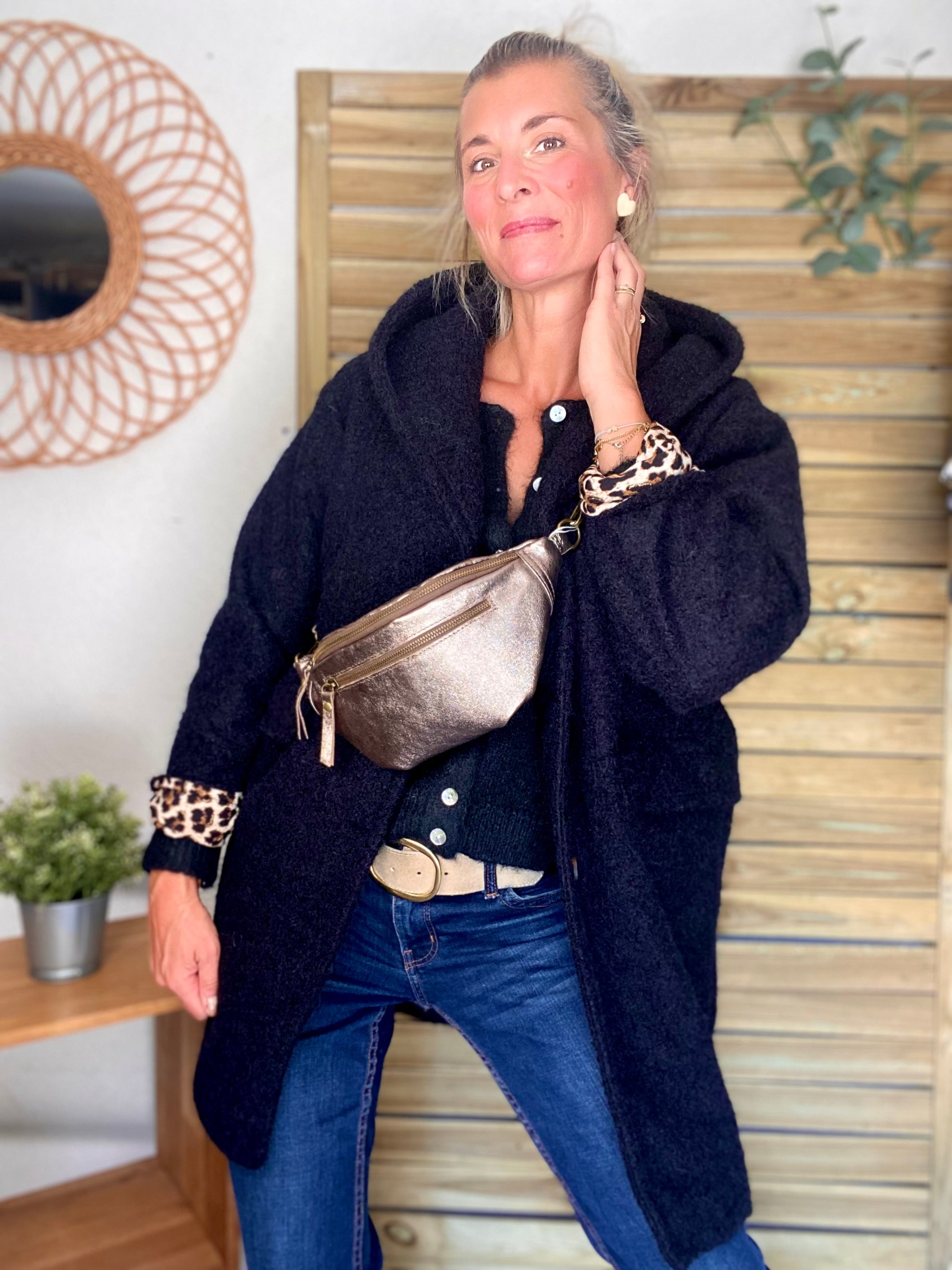 Sac banane en cuir irisé double poche - OPALE - Bronze / étain