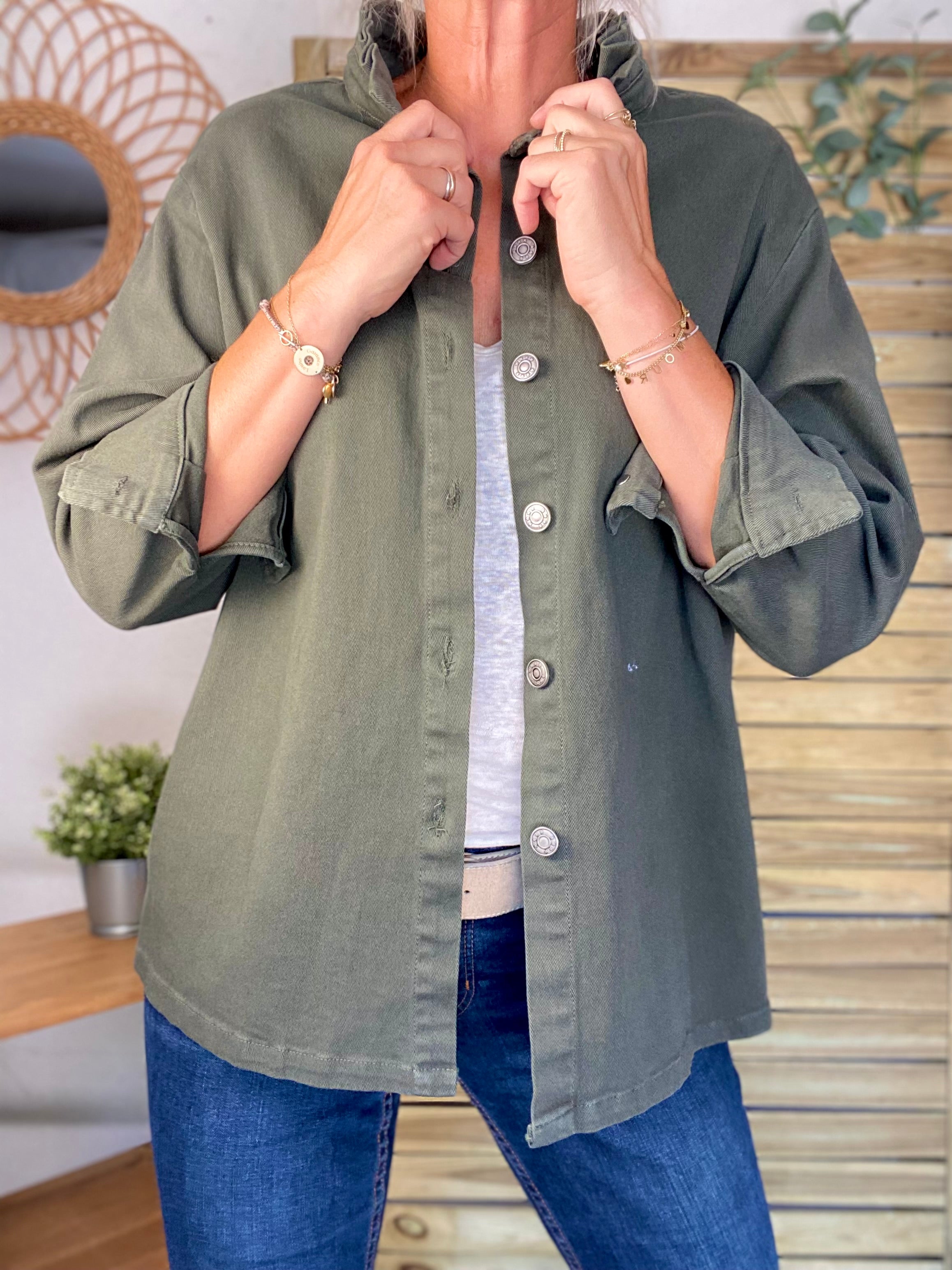 Veste / Chemise en coton, col volanté Kaki LISON