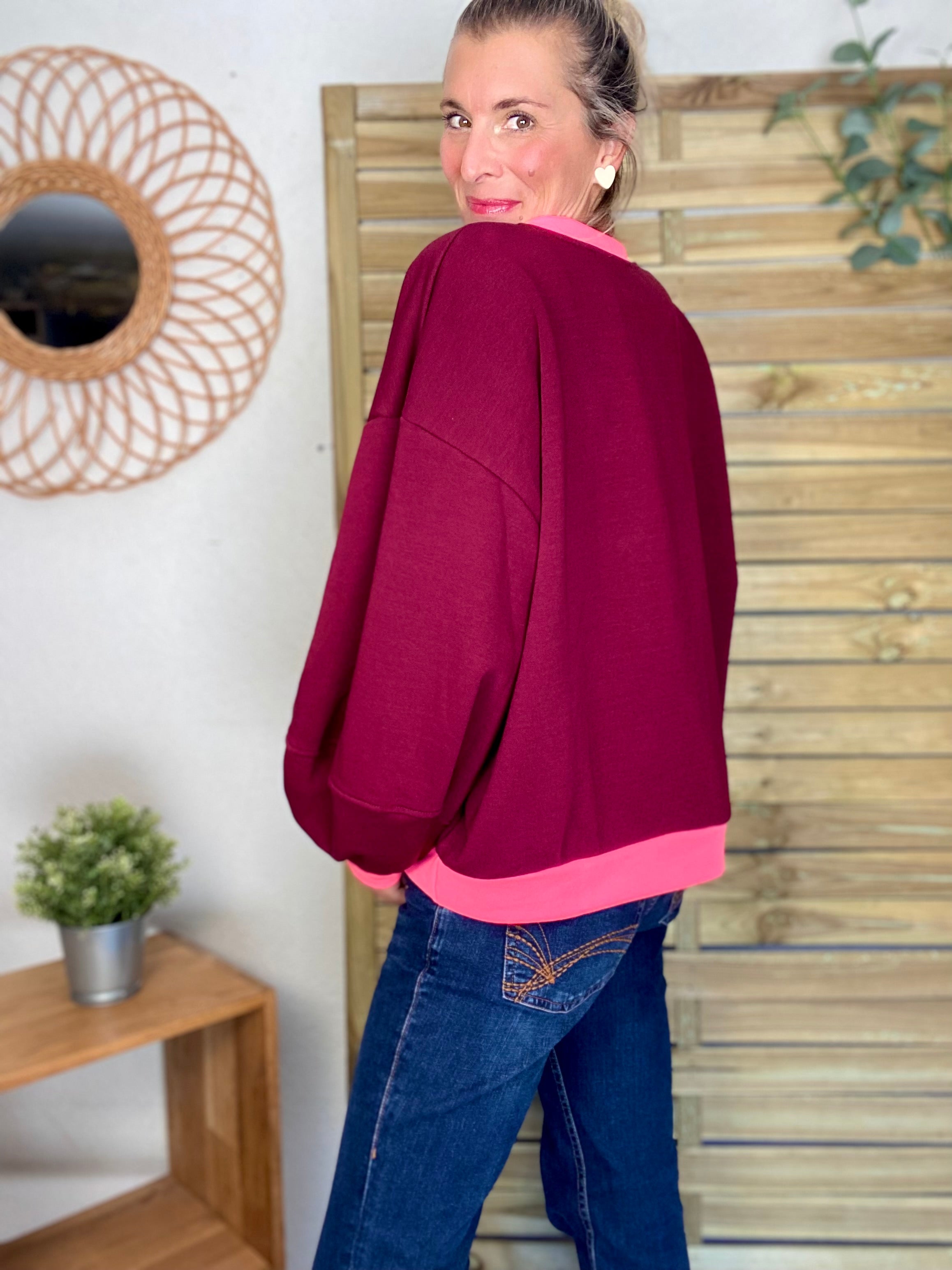 Sweat oversize uni Bordeaux/Rose fluo ISALINE