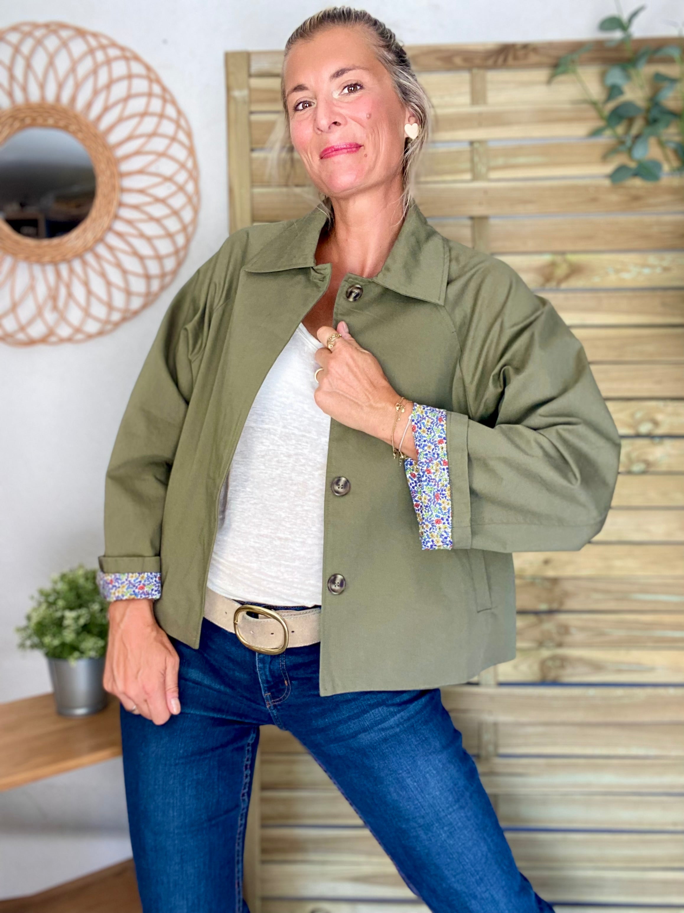 Veste Trench en coton kaki avec Liberty - MAHAUT