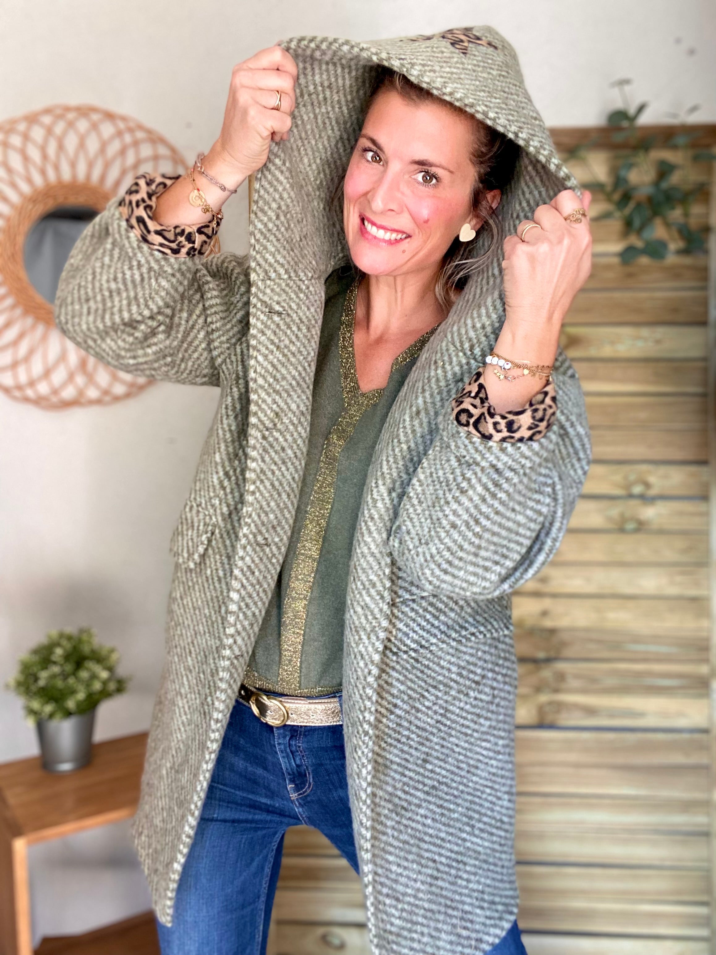 Manteau laine AGATHE avec détails Léo (étoile capuche) - Kaki - FIN DE SÉRIE