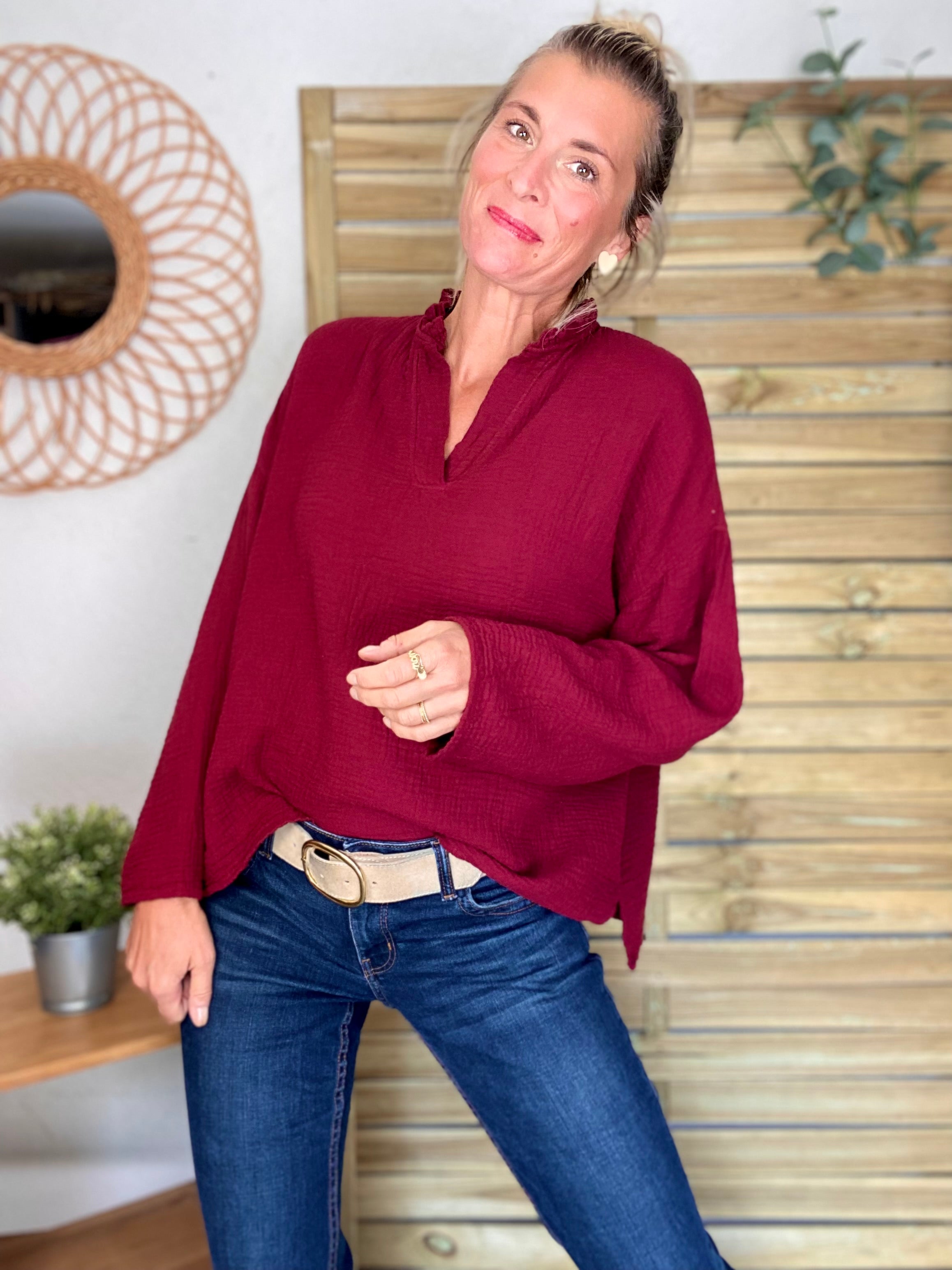 Blouse en gaze de coton SIERRA Bordeaux - manches longues