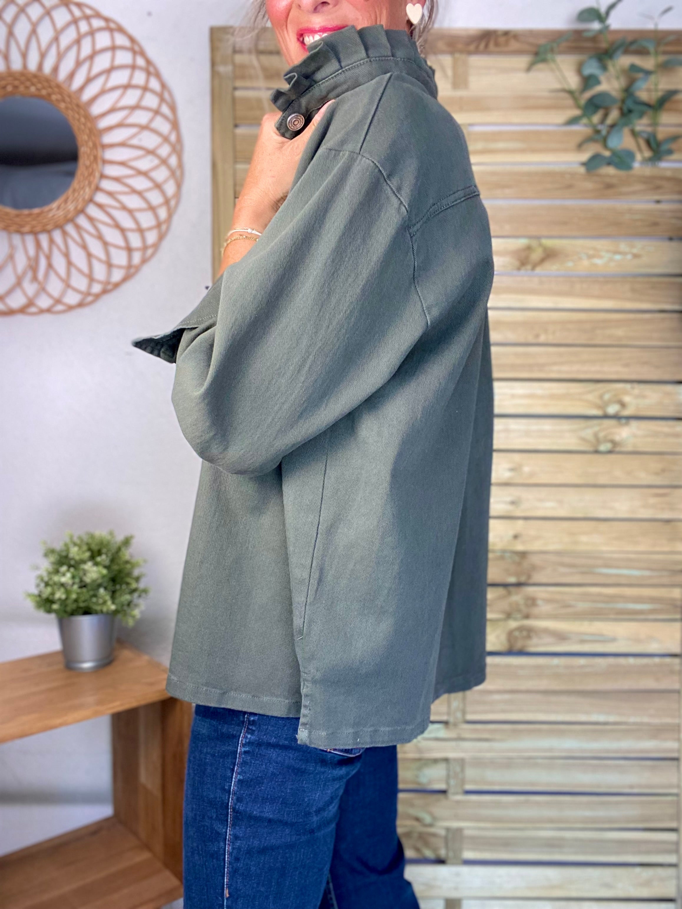 Veste / Chemise en coton, col volanté Kaki LISON
