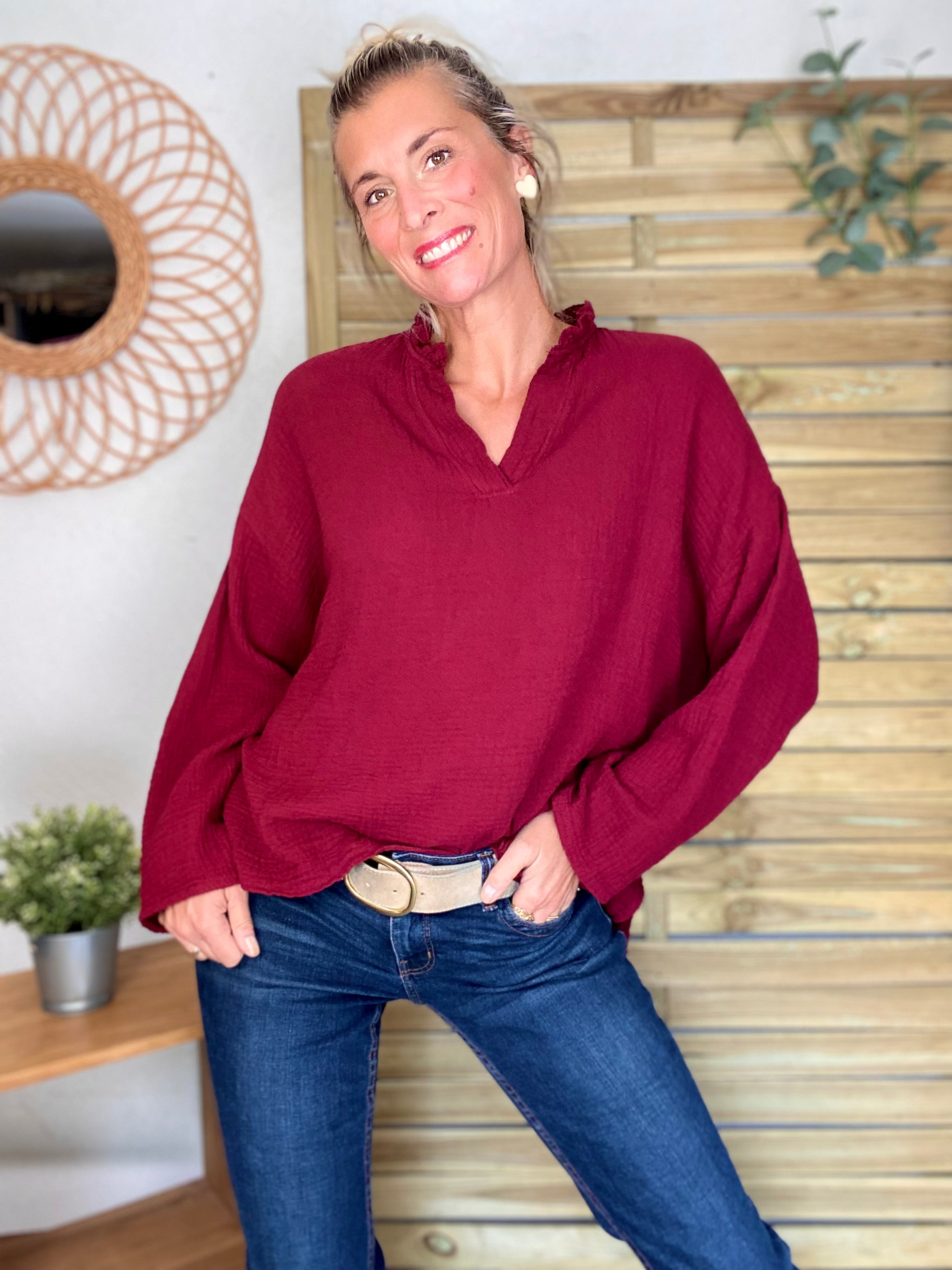 Blouse en gaze de coton SIERRA Bordeaux - manches longues