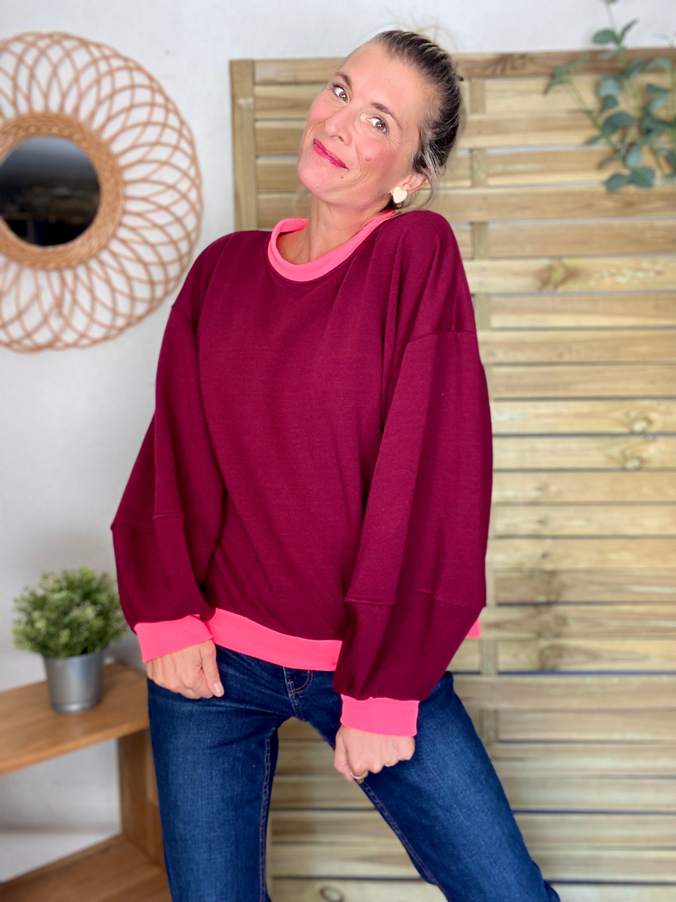 Sweat oversize uni Bordeaux/Rose fluo ISALINE