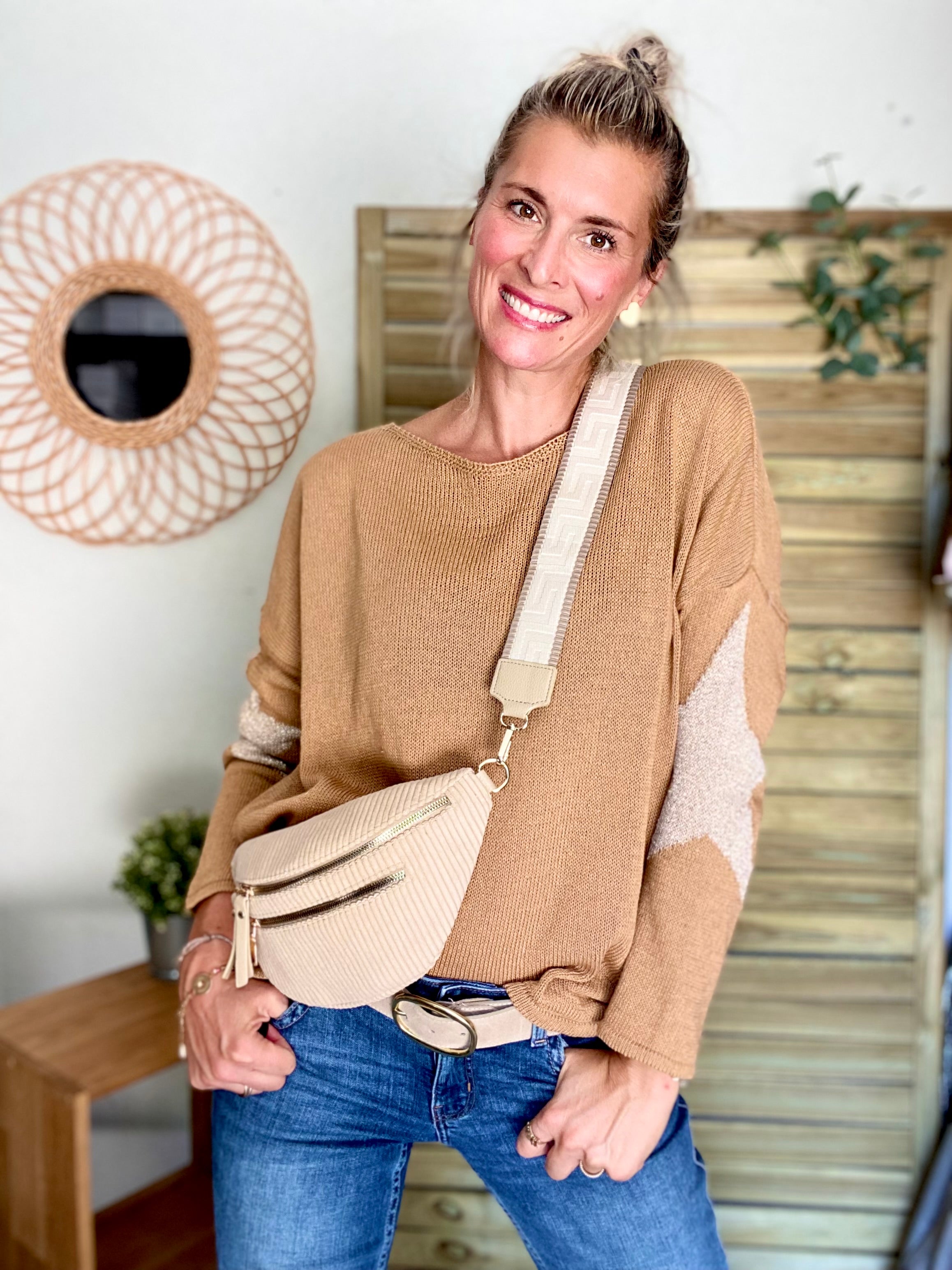 Sac banane en velours côtelé 2 zips et sangle fantaisie - CHARLY - Beige moyen (côtelé large)