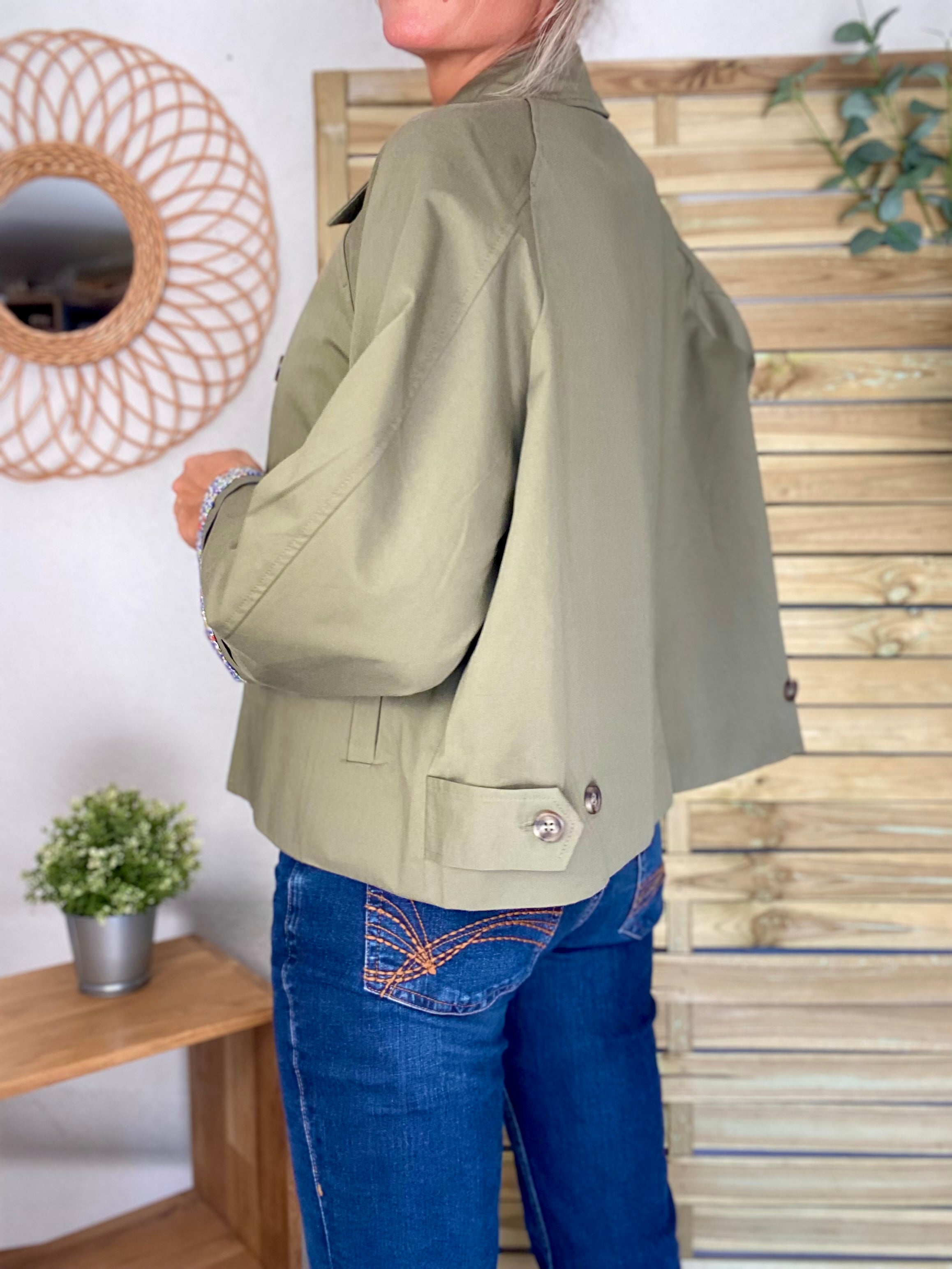 Veste Trench en coton kaki avec Liberty - MAHAUT