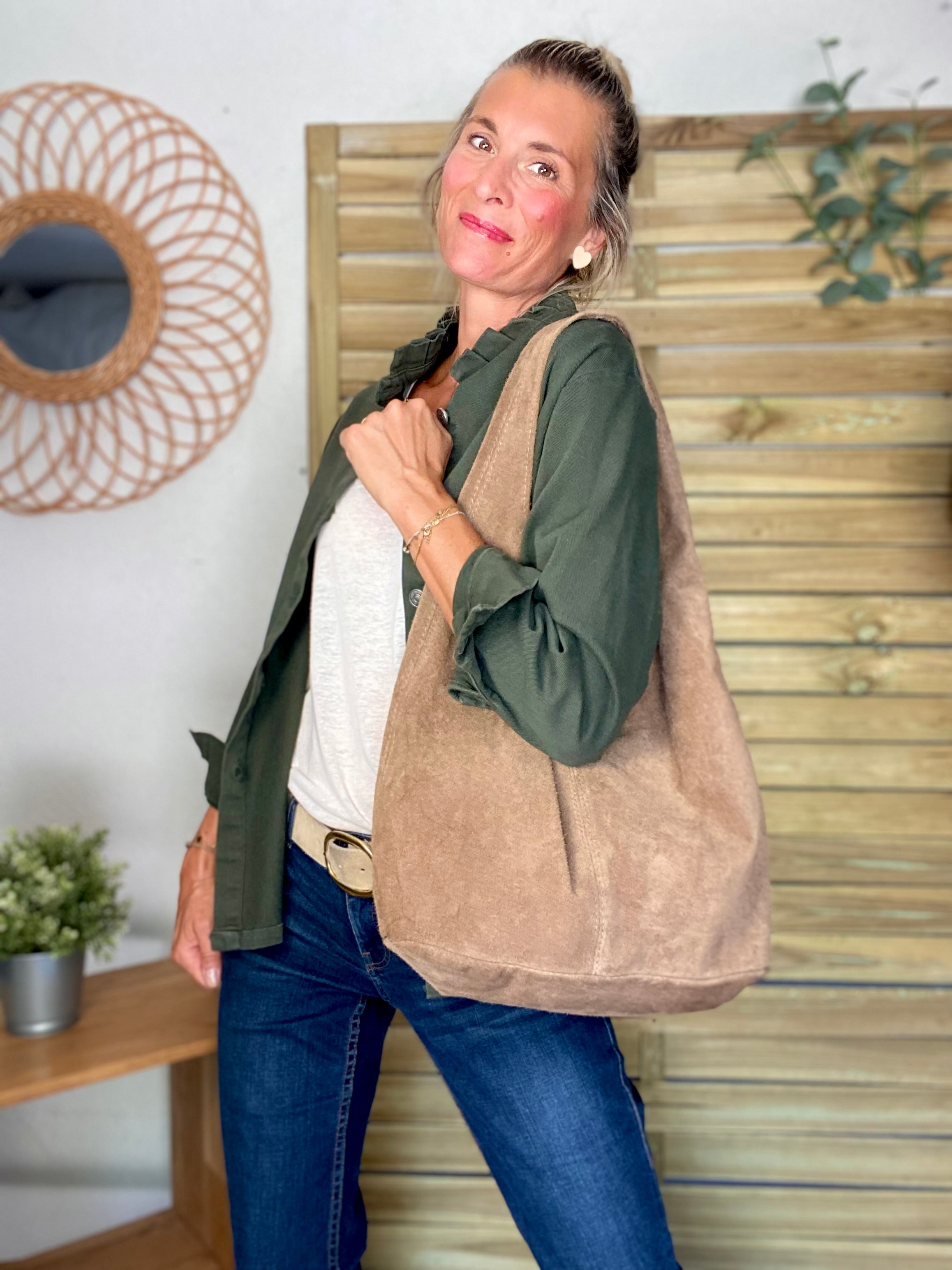 Sac cabas cuir daim MARLON - Beige taupe