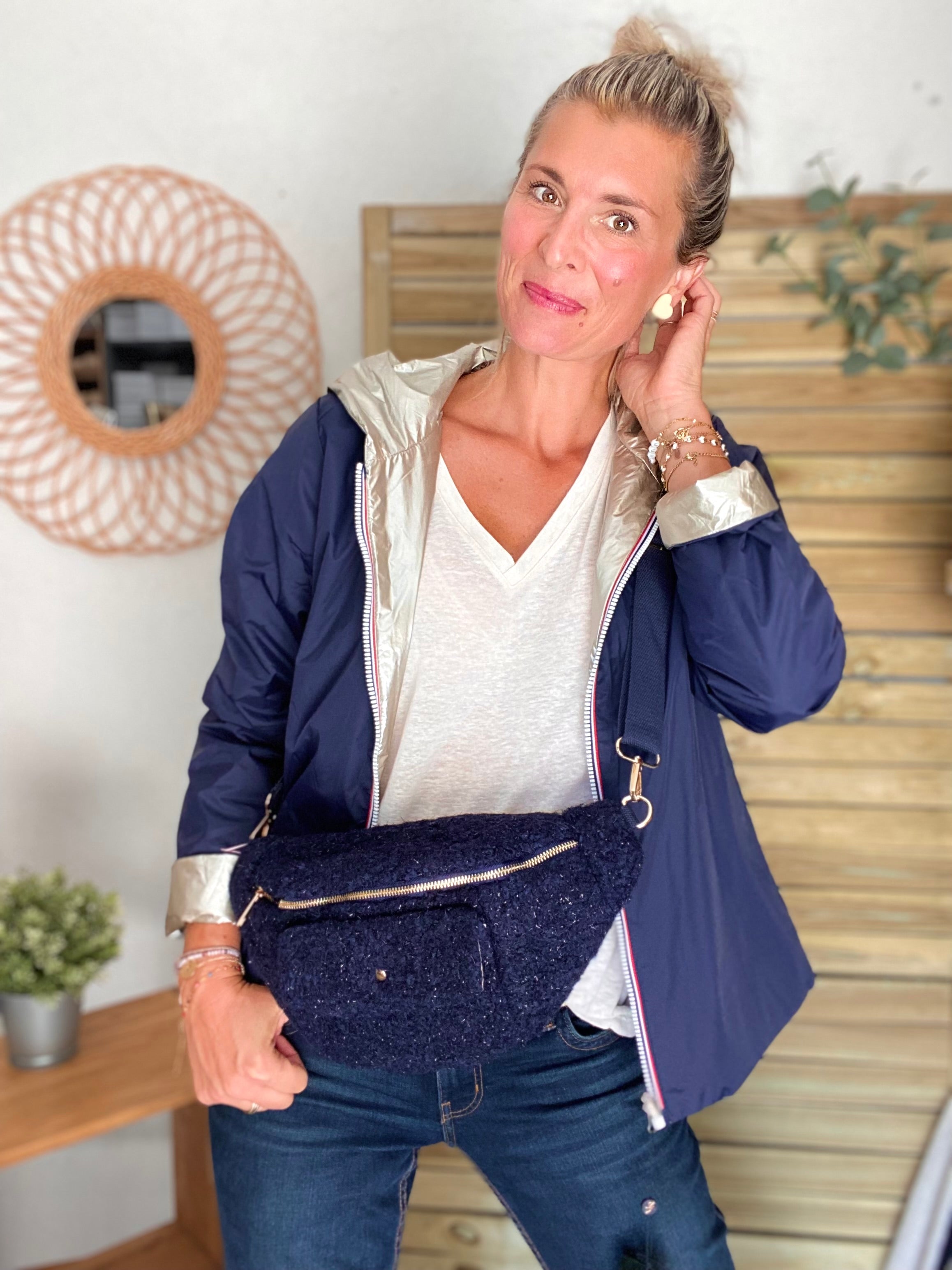 Sac banane XL moumoute lurex avec poche avant - CHELSEA - Marine