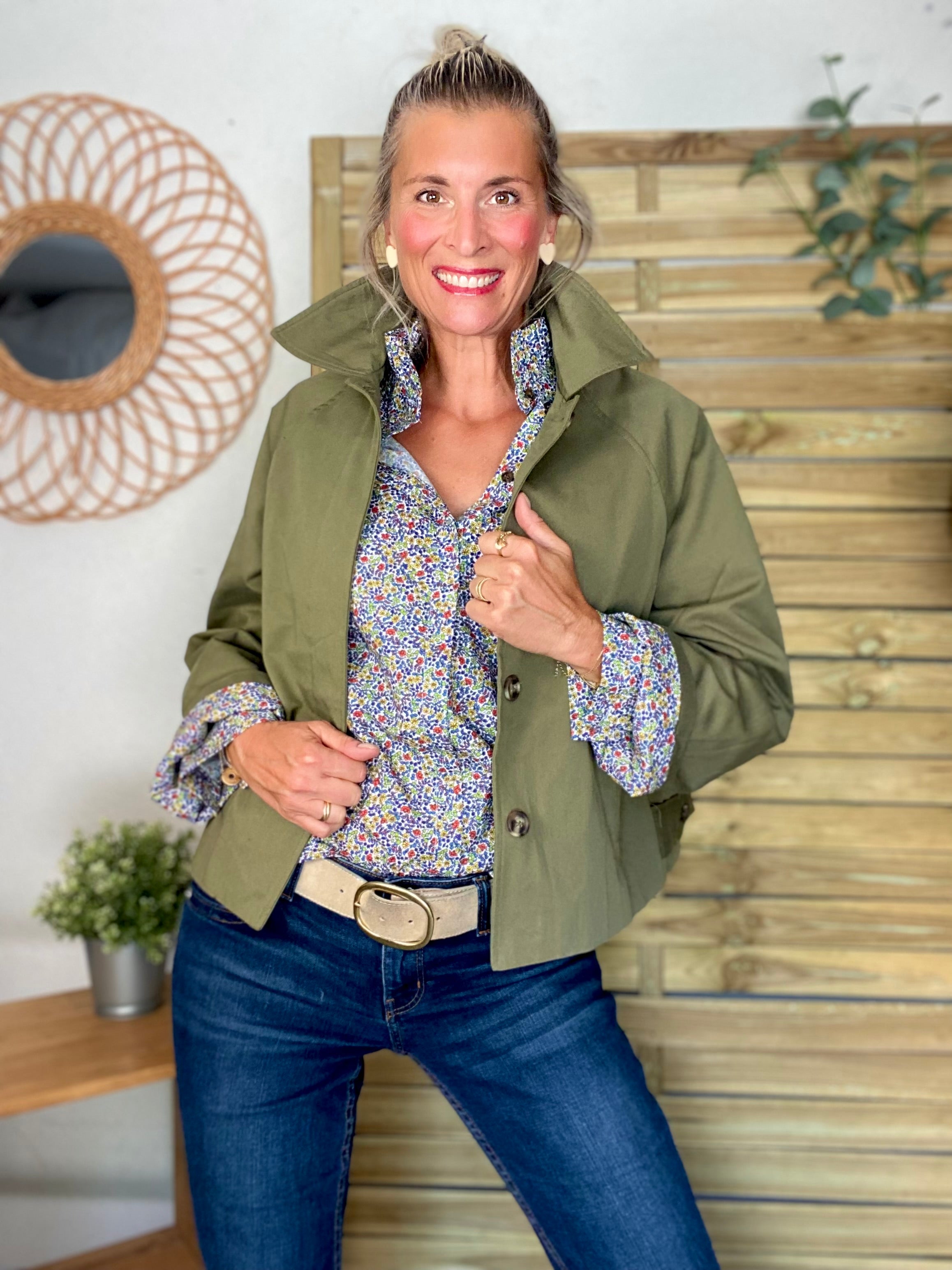 Veste Trench en coton kaki avec Liberty - MAHAUT