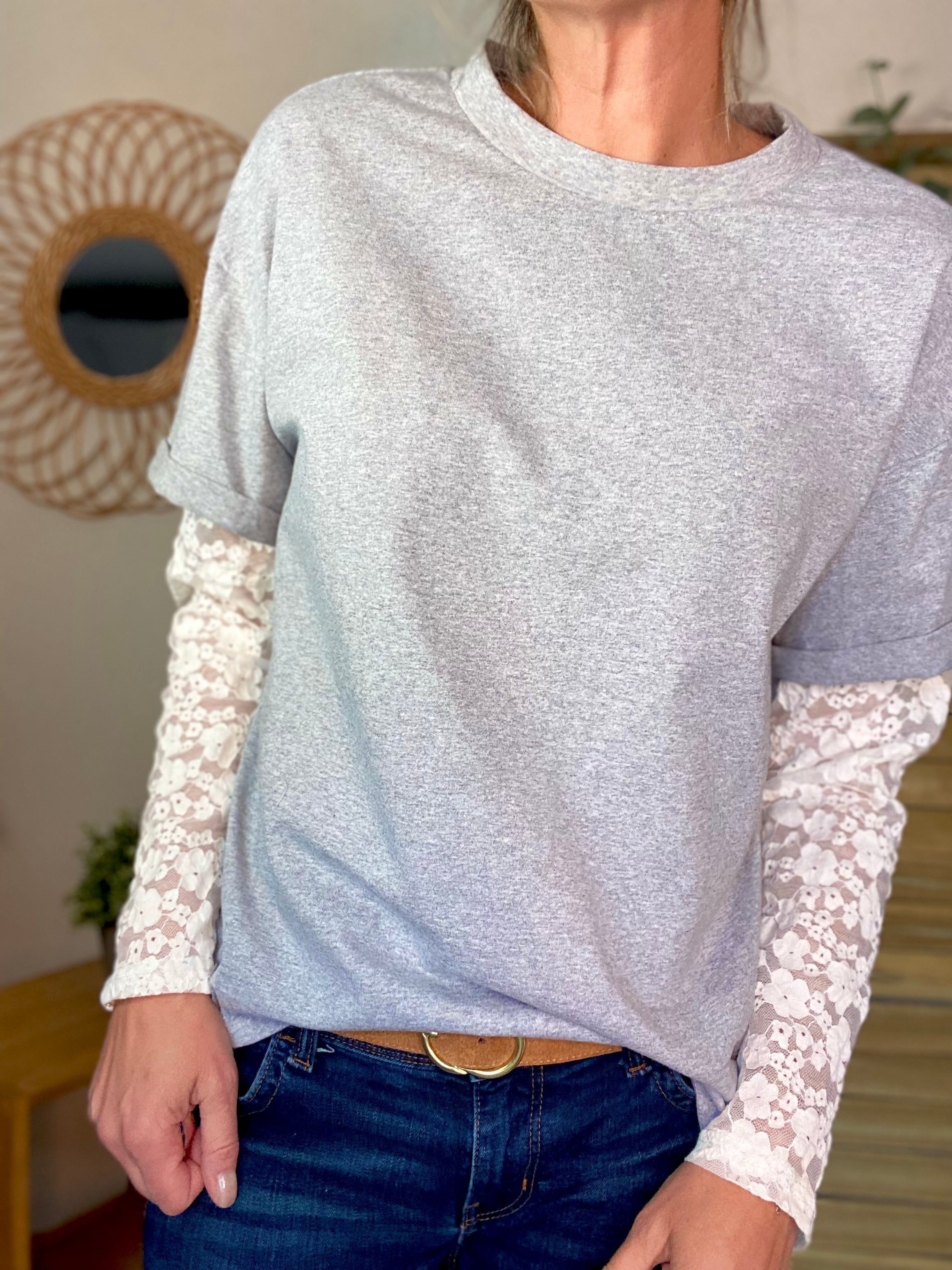 Tee shirt avec manches longues dentelle PAMELA - Gris