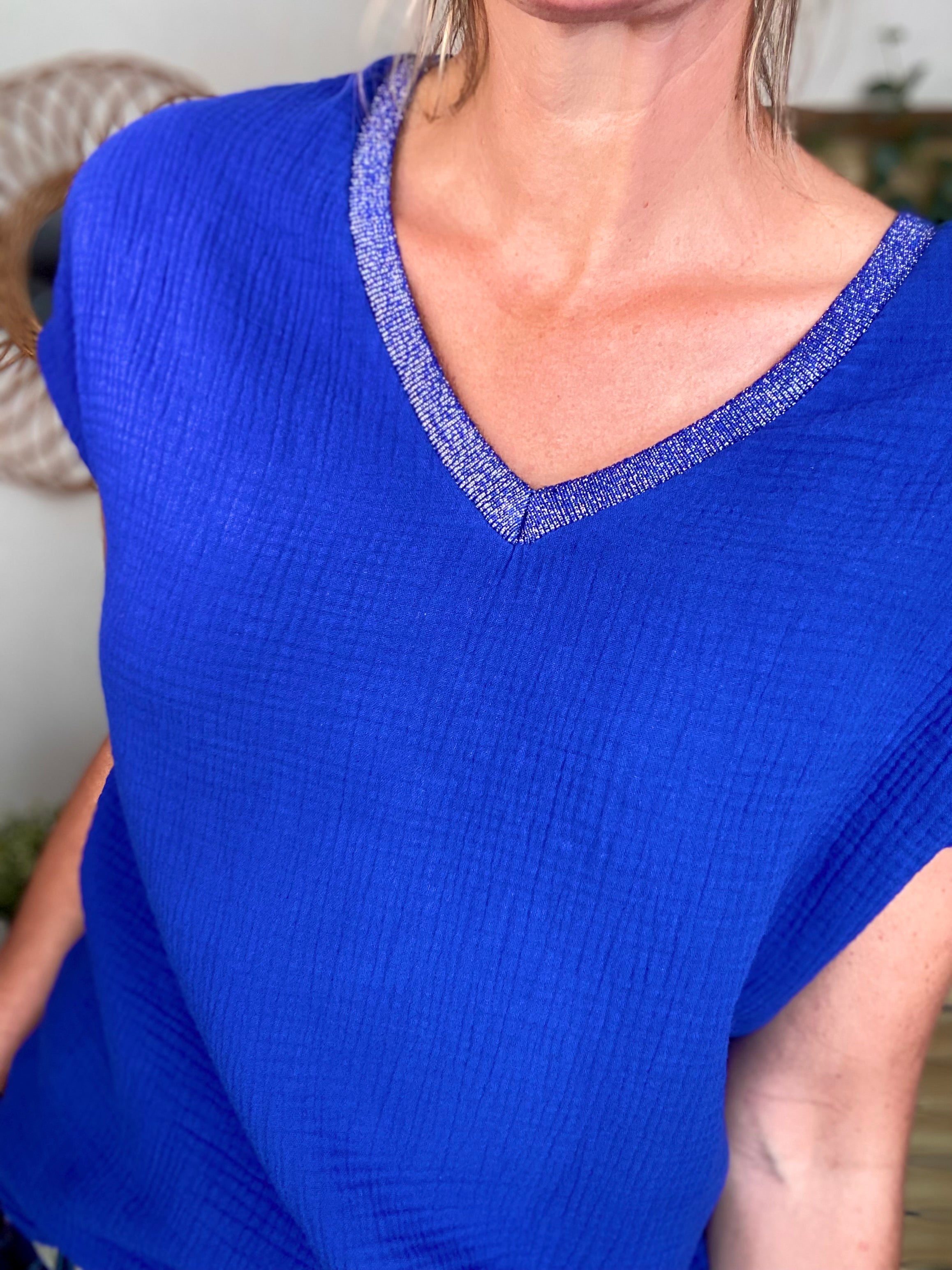 Précommande Expédition mi mai - Top en gaze de coton et lurex MARTA - Bleu roi