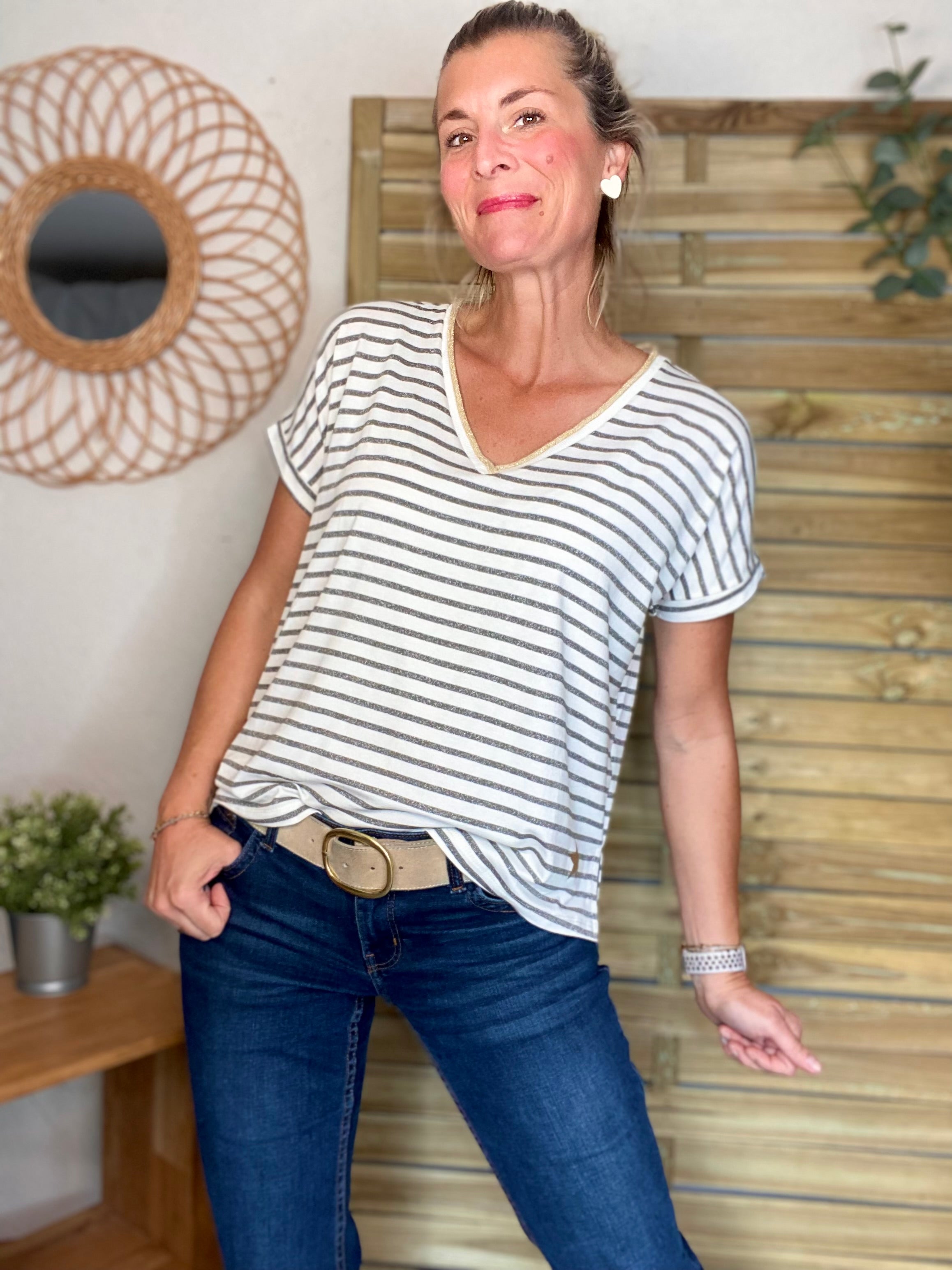 Top rayé col V avec étoile ⭐️ NAOMI - Argent