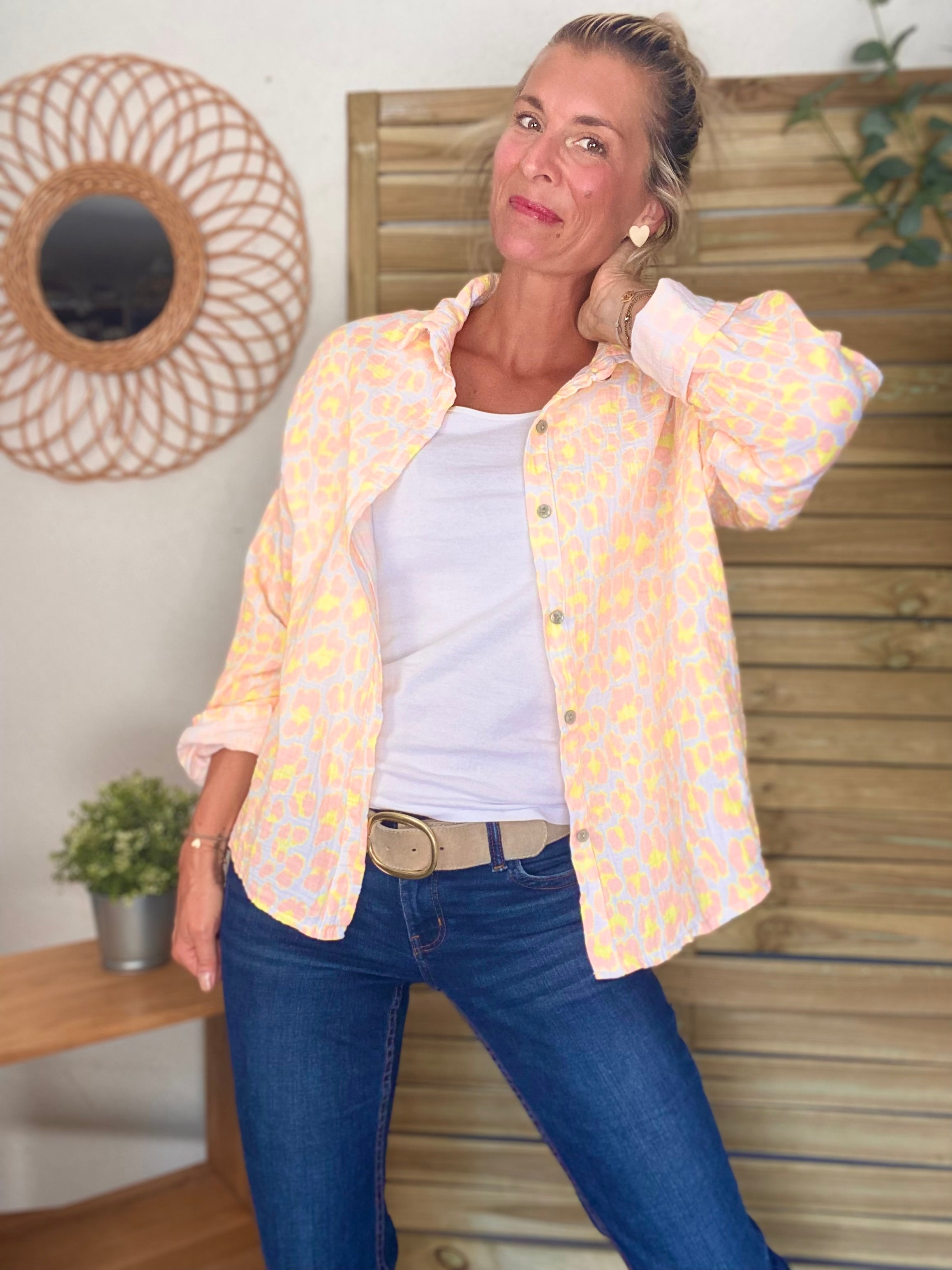 Chemise en gaze de coton imprimé Léo MARCIA - Orange