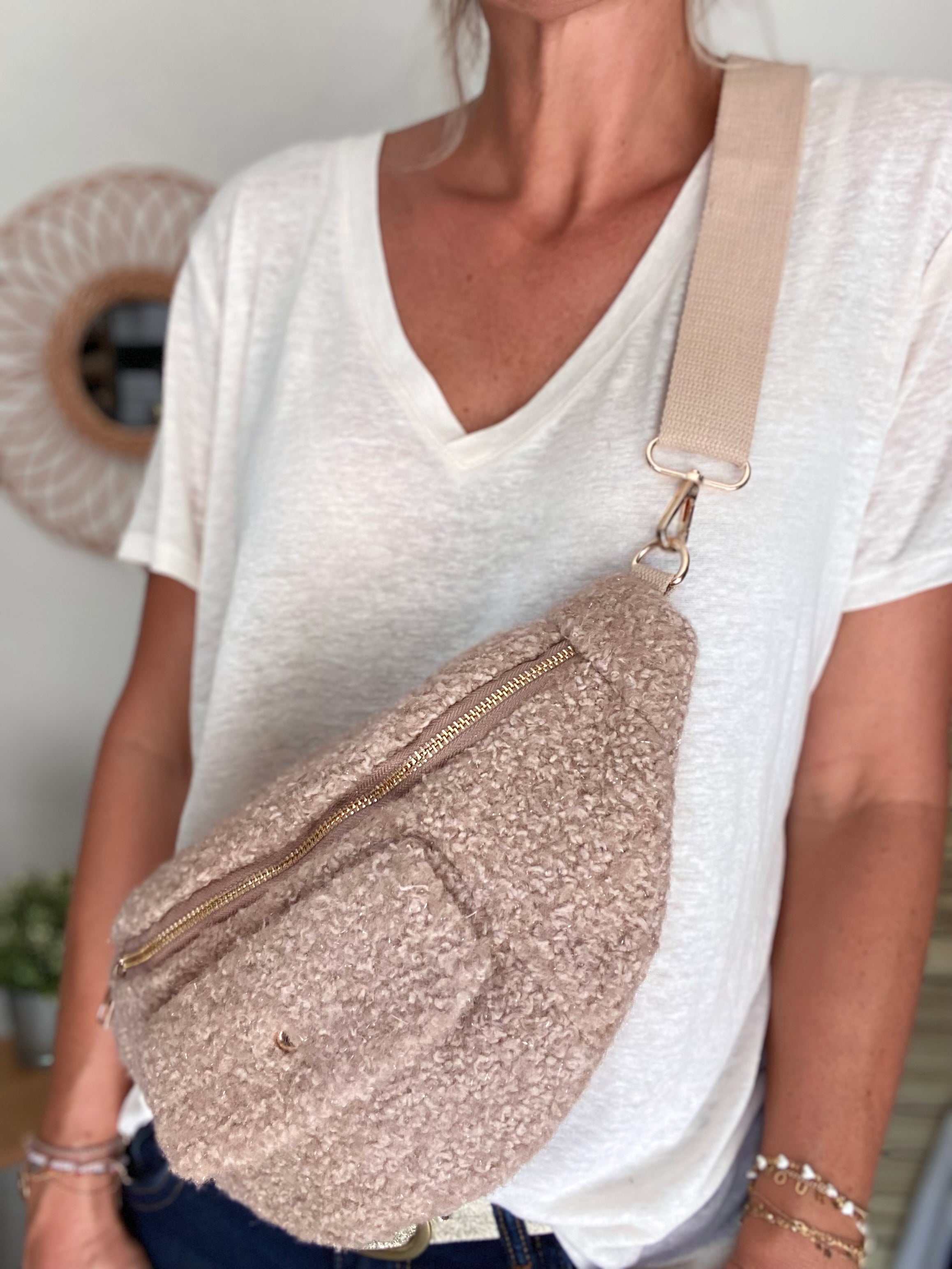 Sac banane XL moumoute lurex avec poche avant - CHELSEA - Beige taupe