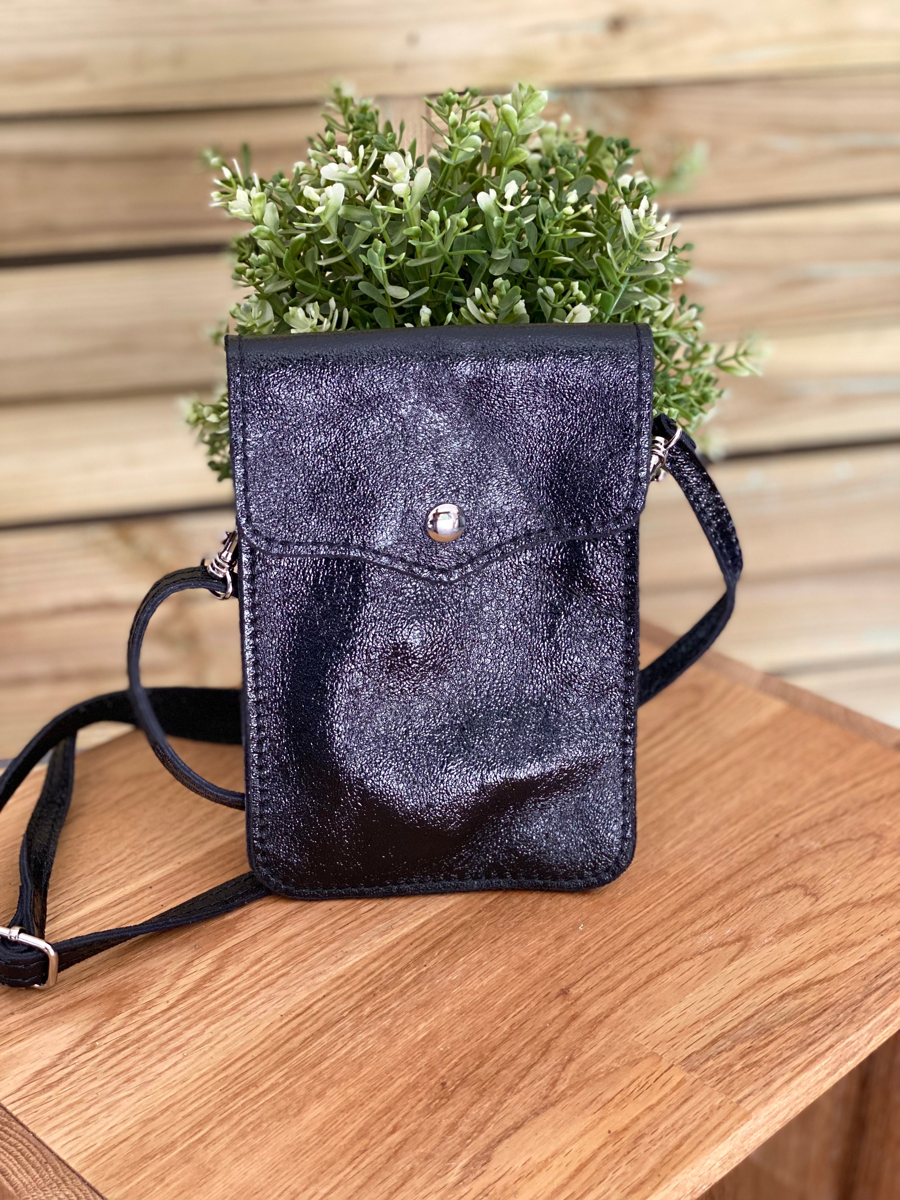 Pochette bandoulière en cuir irisé - FLORE - Noir (7 coloris)