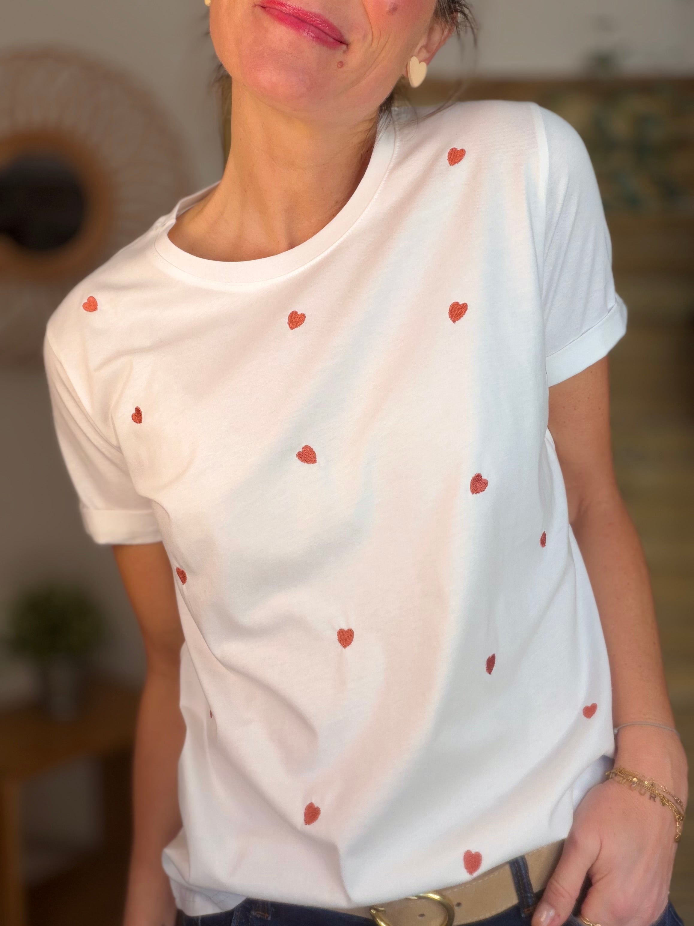 *** IMPERFECTION - Tee shirt cœurs brodés cuivre rosé 🩷 TESSA (Taille L)