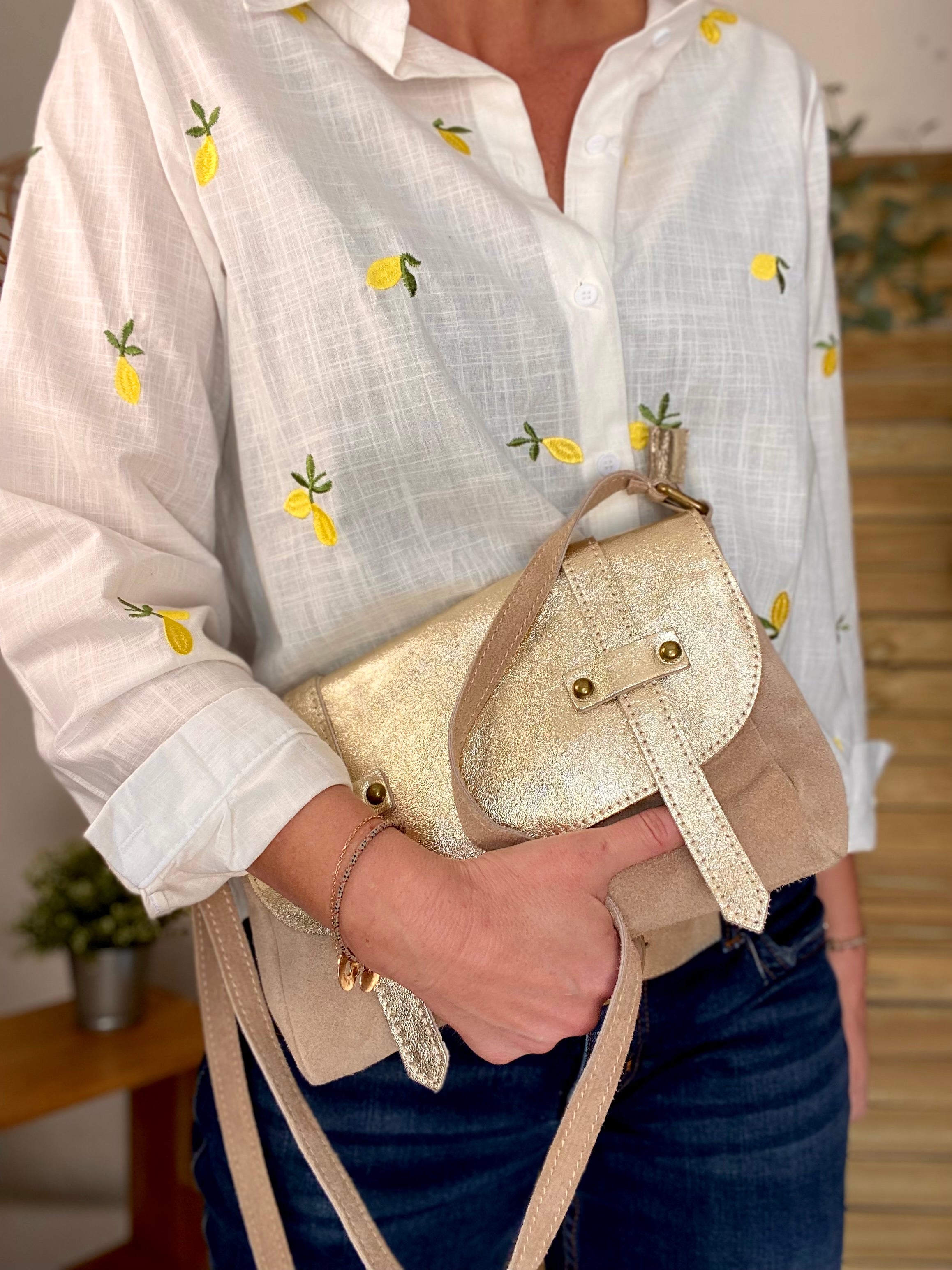 Sac bandoulière en cuir daim et irisé ESMÉE - Beige Doré