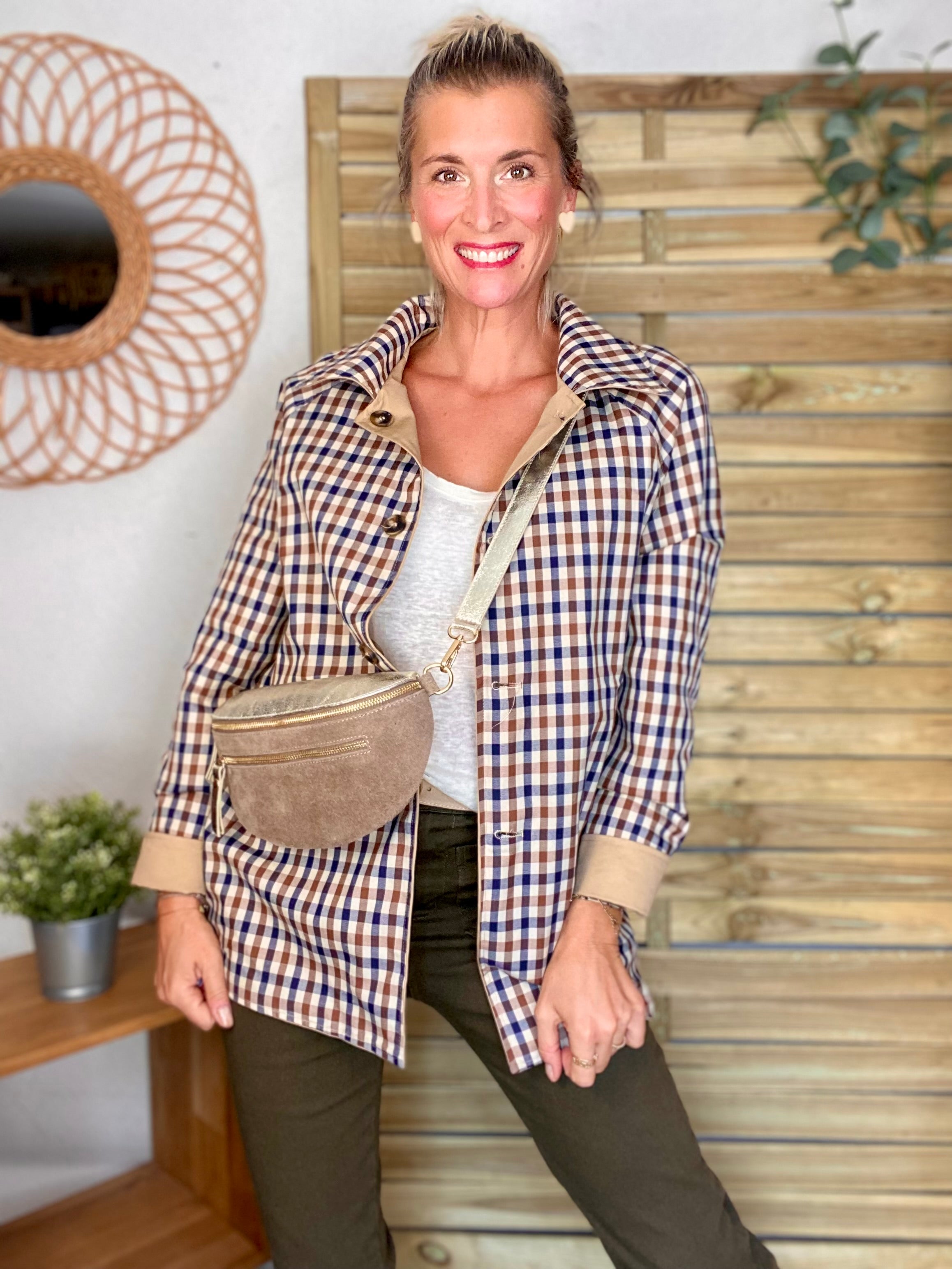 Veste Trench mi long réversible vichy LENA - Camel clair